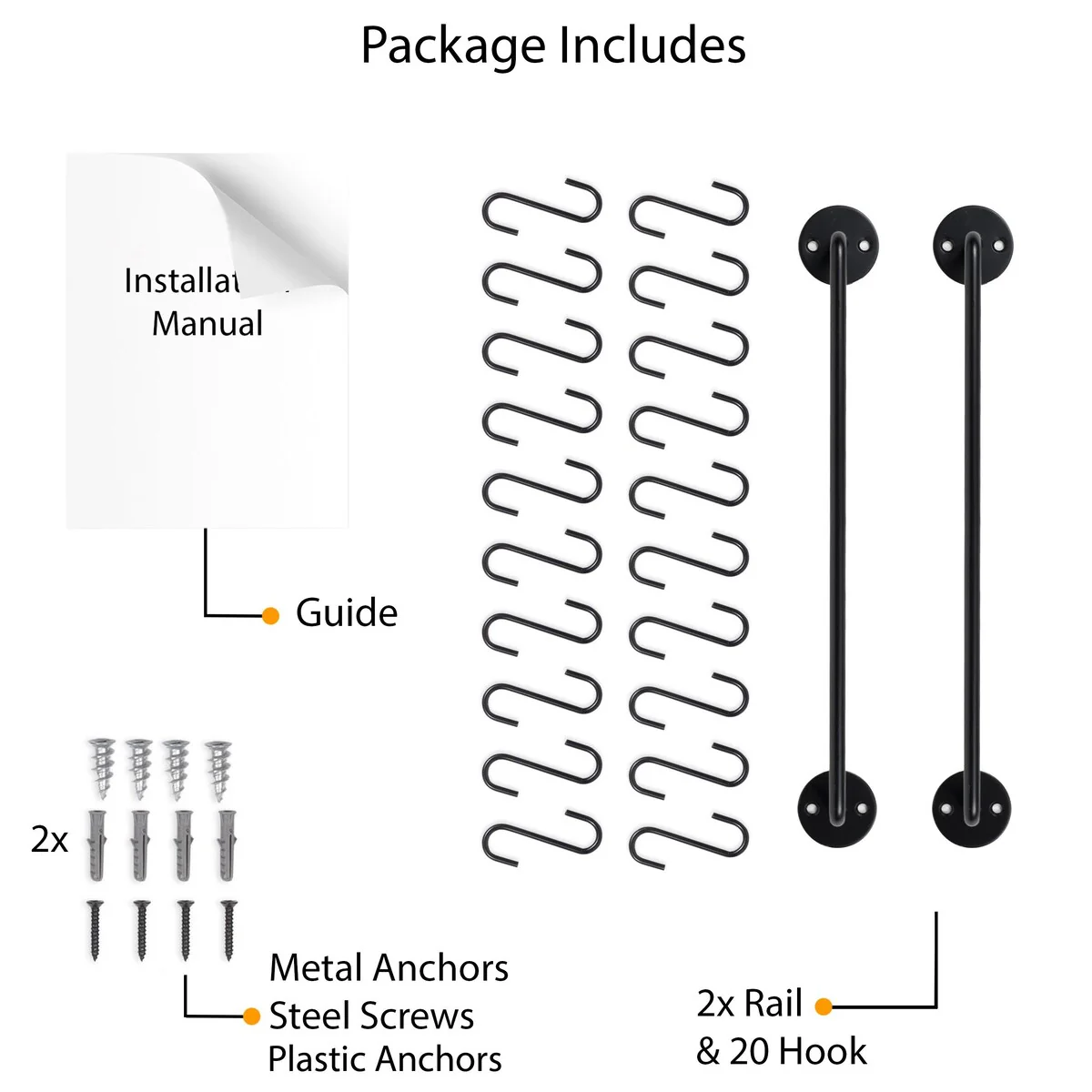 Wallniture Cucina Kitchen Utensil Holder with 20 S Hooks, Pot Racks, Black (Set of 2)