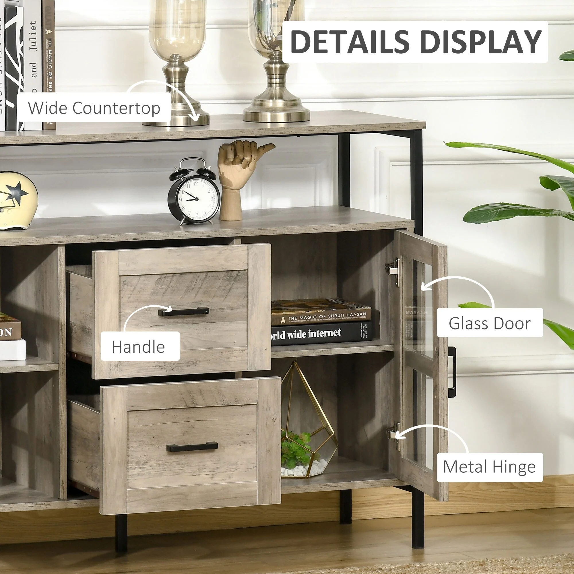 HOMCOM Rustic Kitchen Sideboard, Serving Buffet Cabinet with Adjustable Shelves, Glass Doors, and 2 Drawers