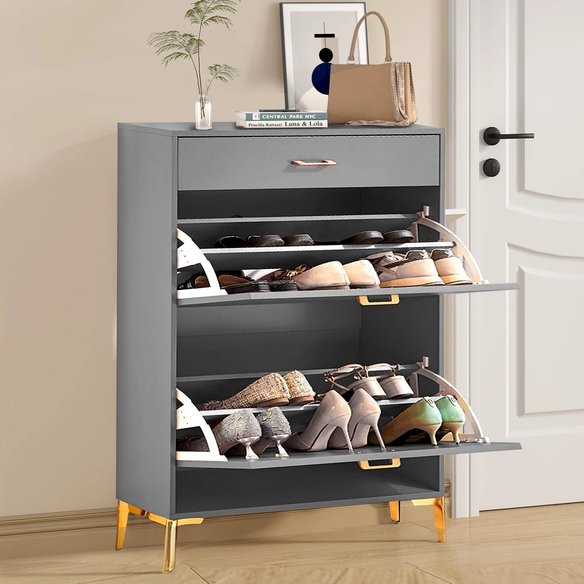 Freestanding Shoe Cabinet for Entryway, with 2 Flip Doors and Drawer - 32'W x 10''D x 43''H