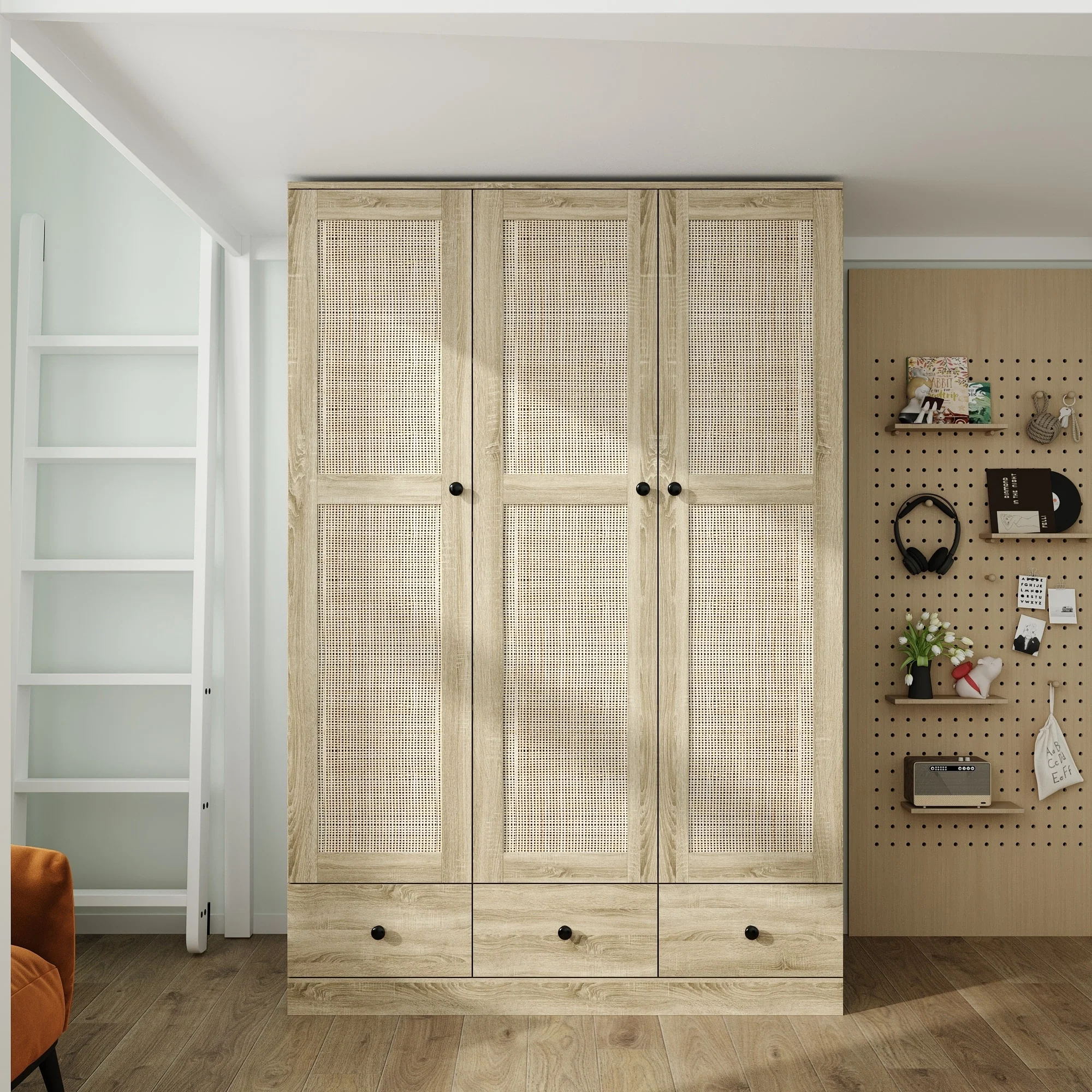 Large Storage Wardrobe Versatile Rattan Door Closet with Deep Drawers