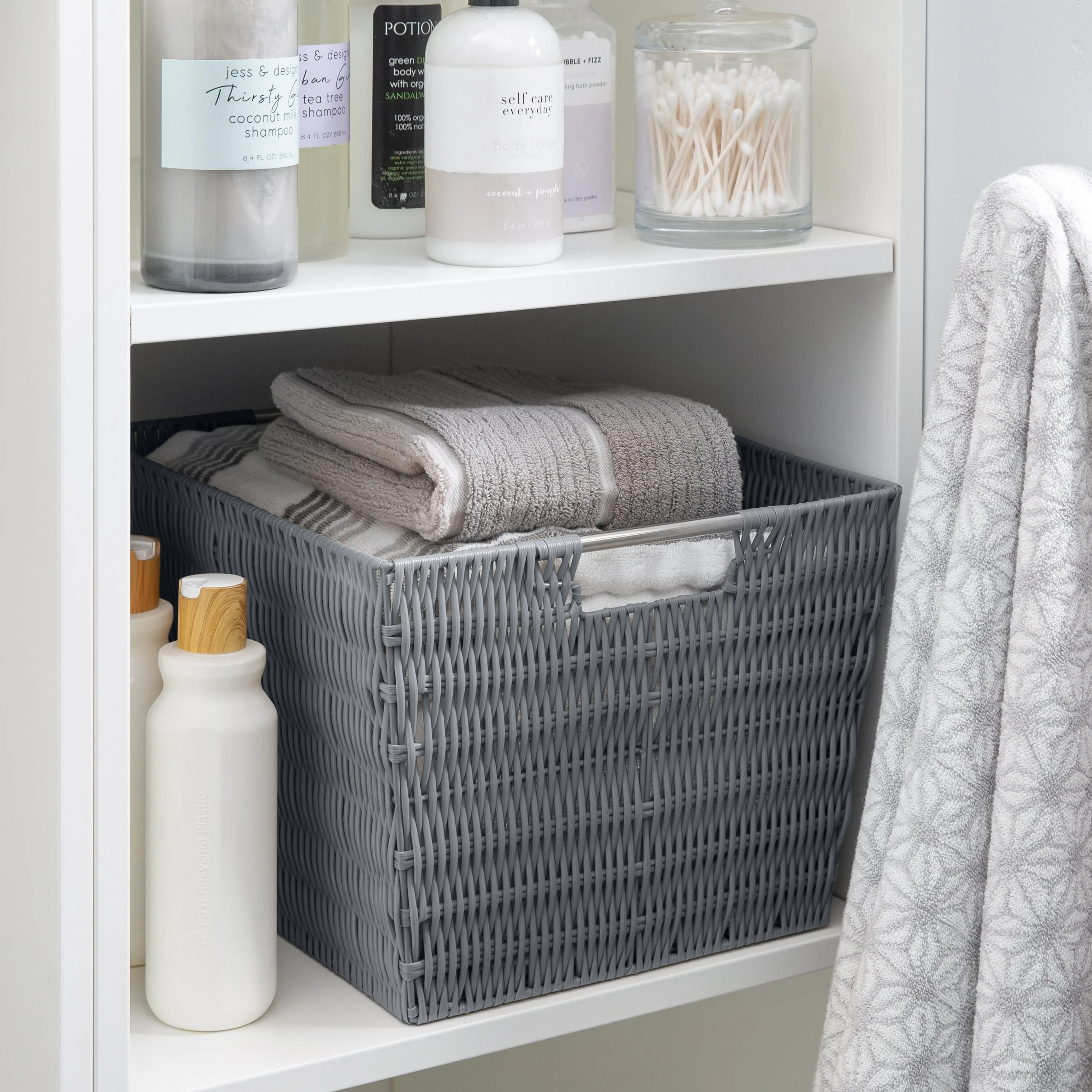 Simplify Large Rattan Storage Tote Basket in Charcoal