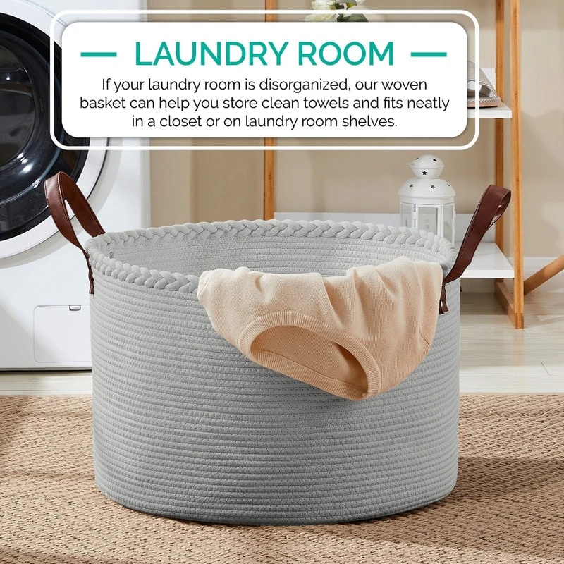 Large Round Cotton Rope Storage Basket Laundry Hamper with Leather Handles, 21 x 21 x 14 - 21