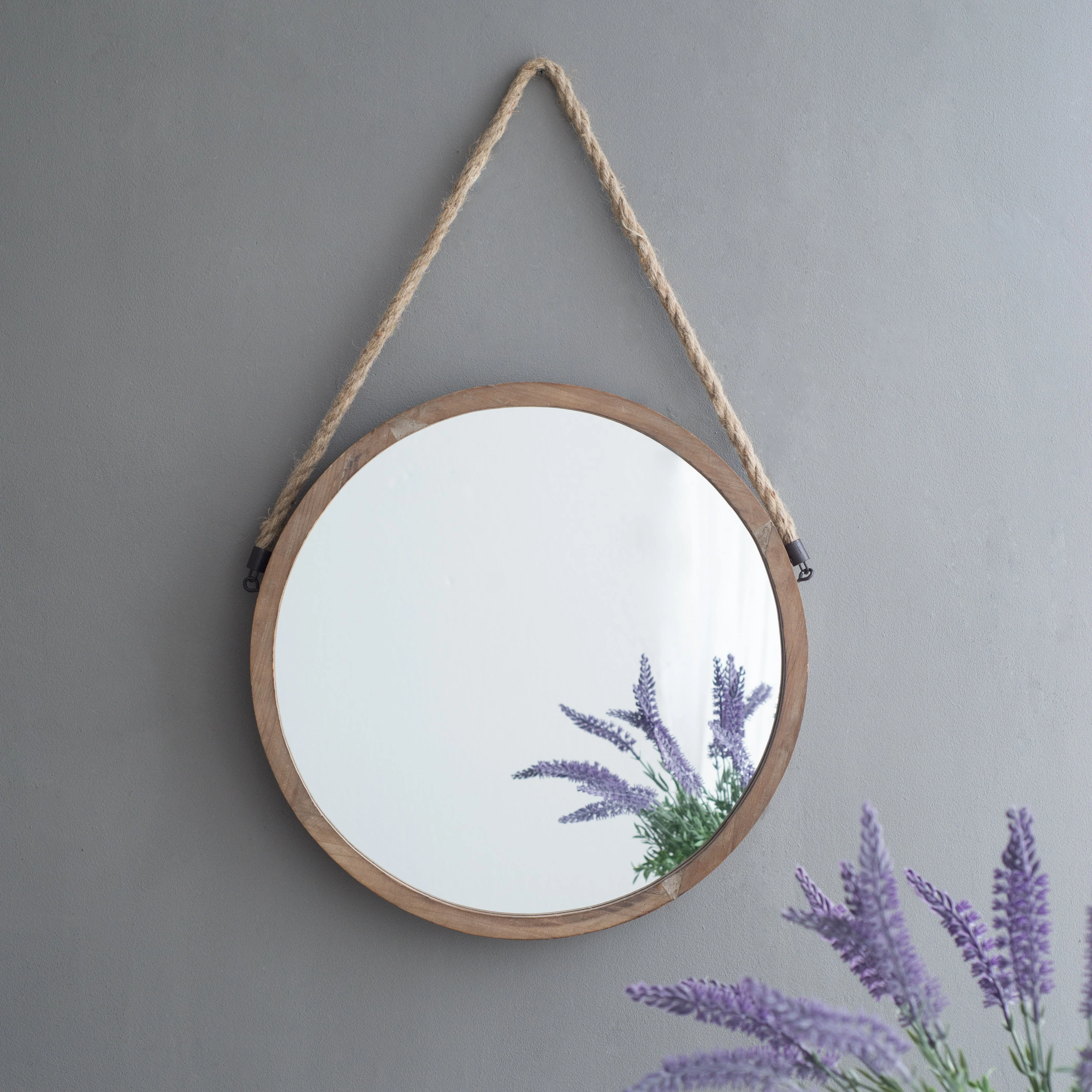 Round Wall Mirror with Jute Handle and Wood Frame