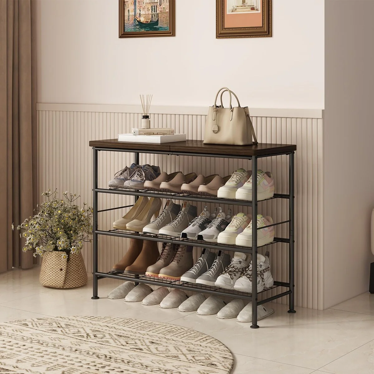 Shoe Rack Organizer 4 Tier for Closet Entryway Free Standing Metal Storage Shoe Shelf with MDF Top Board，Black