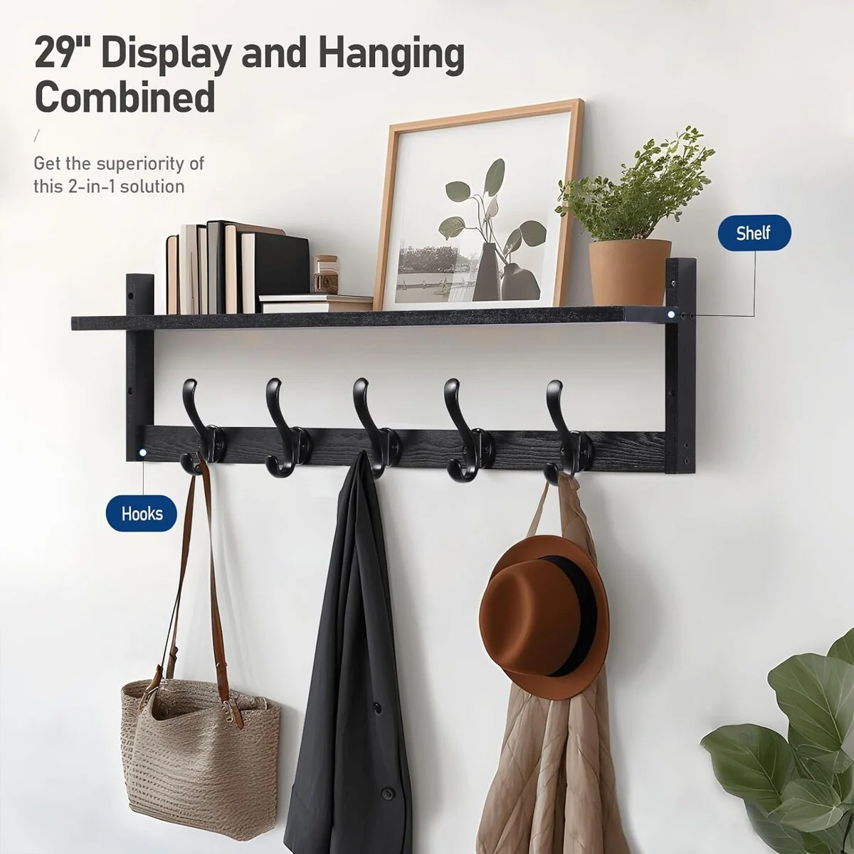 29'' Coat Rack Wall Mount with Shelf, Wood Wall Hooks with Storage