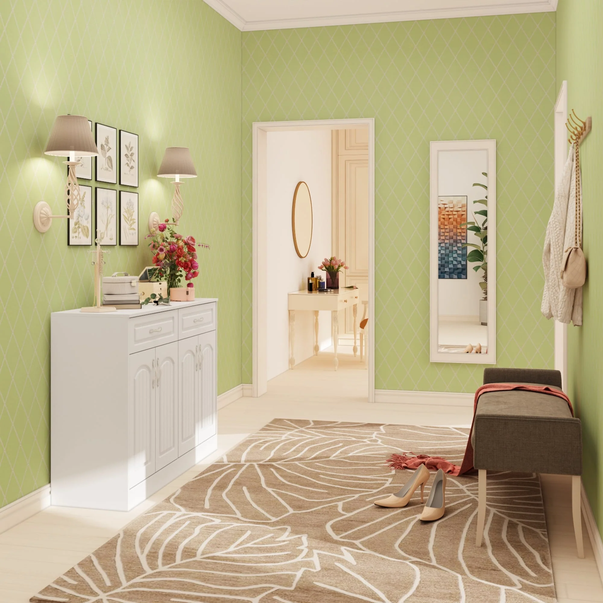 Multi-Functional White Shoe Cabinet with Adjustable Shelves Entryway