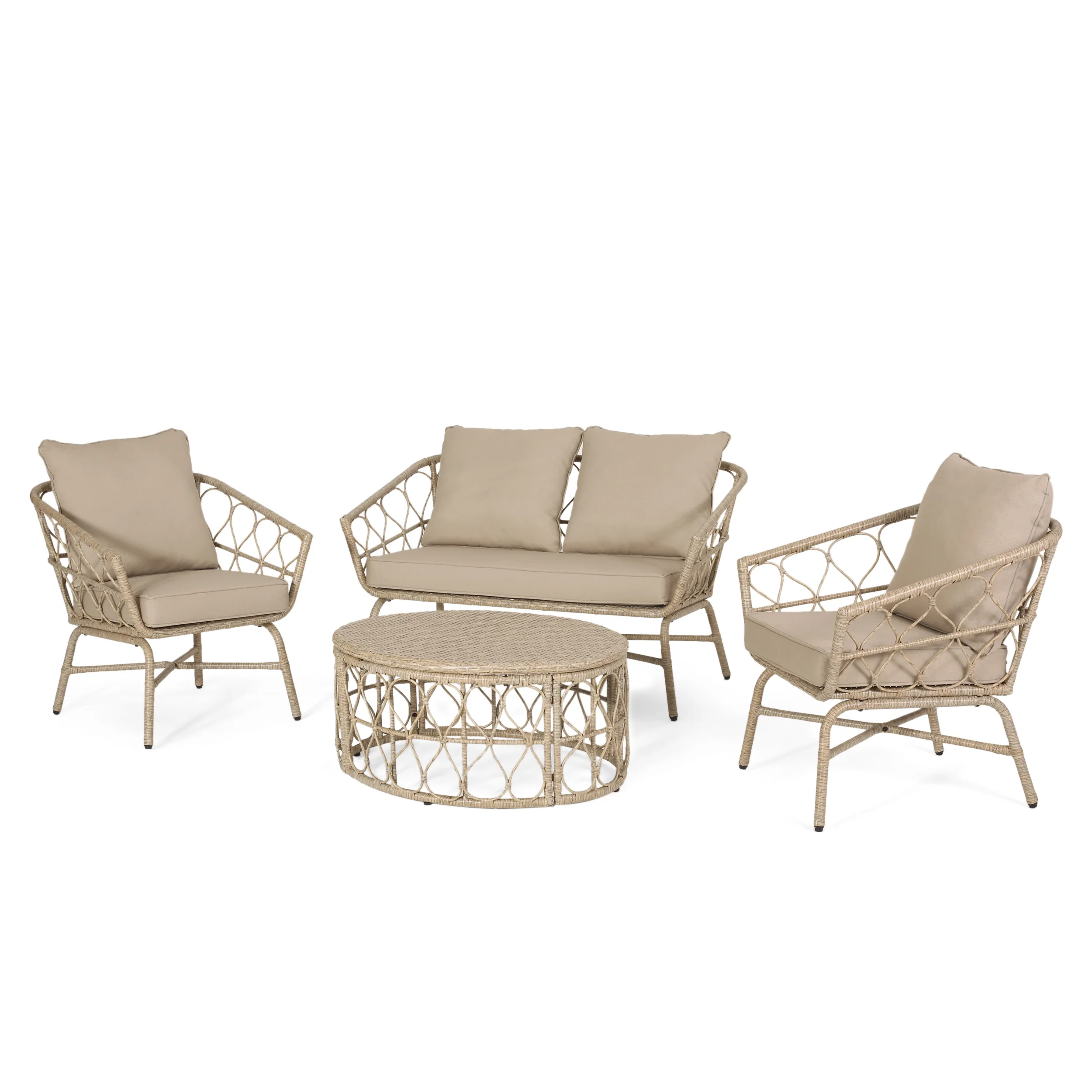 4-Piece Outdoor Rattan Chat Set with Coffee Table, Loveseat and 2 Sloped Arm Chairs