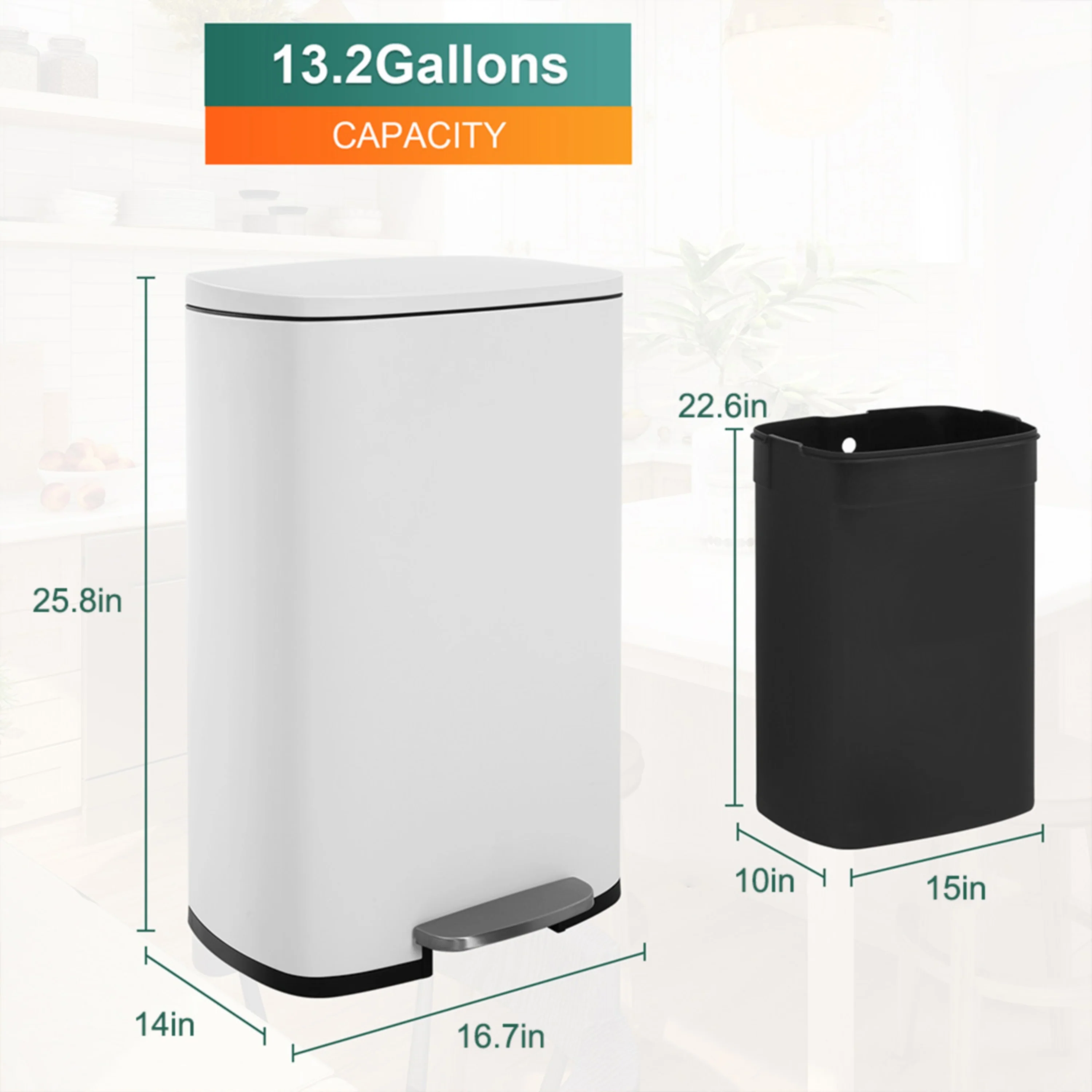 13 Gallon 50 Liter Stainless Steel Step Trash Can with Removable Inner Bucket by Furniture of America