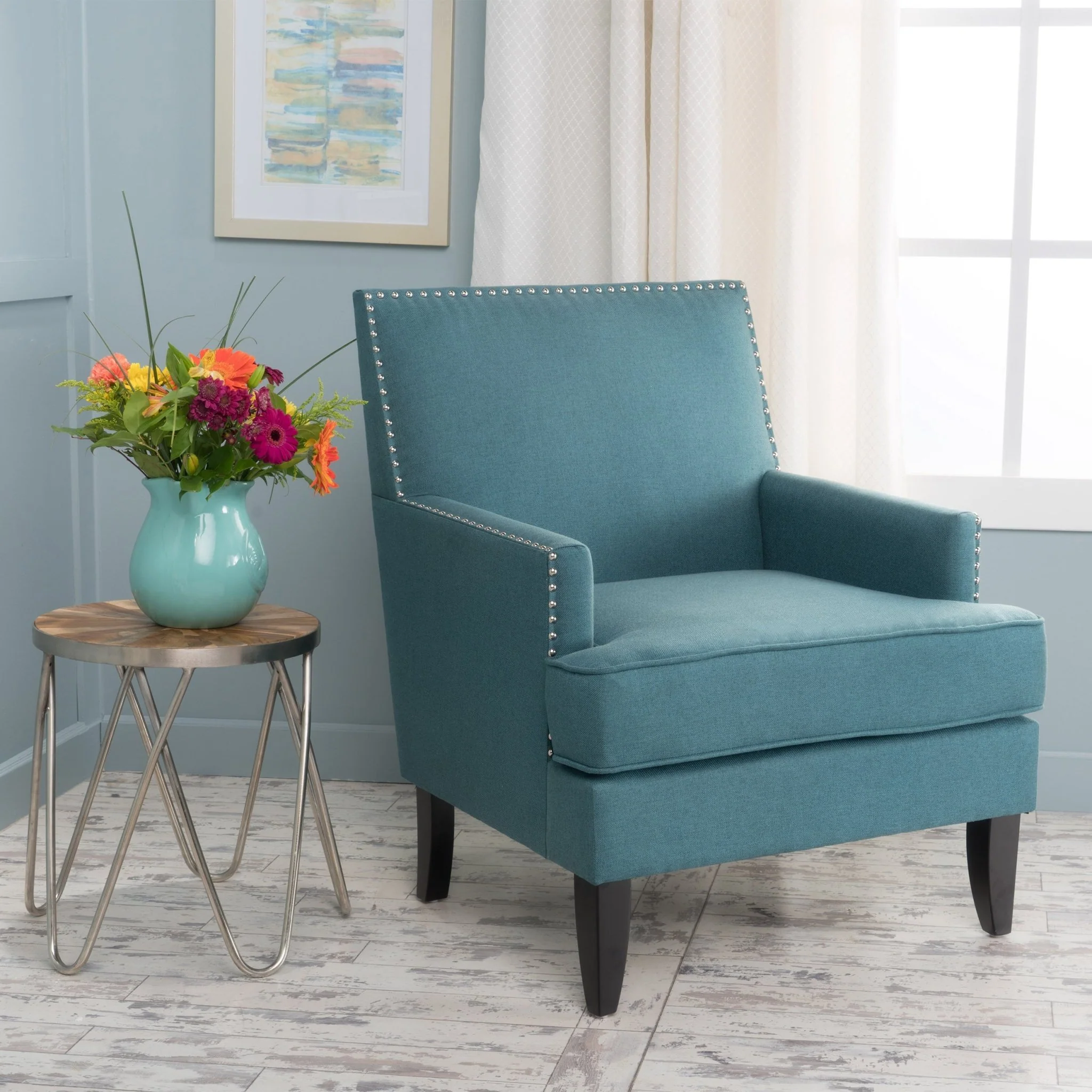Serenada Upholstered Fabric Club Chair with Nailhead Trim and Tapered Birch Legs