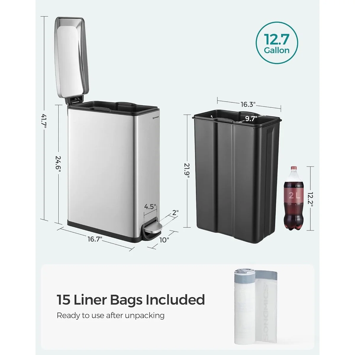 SONGMICS 12.7 Gallon Garbage Can for Narrow Spaces, Silver