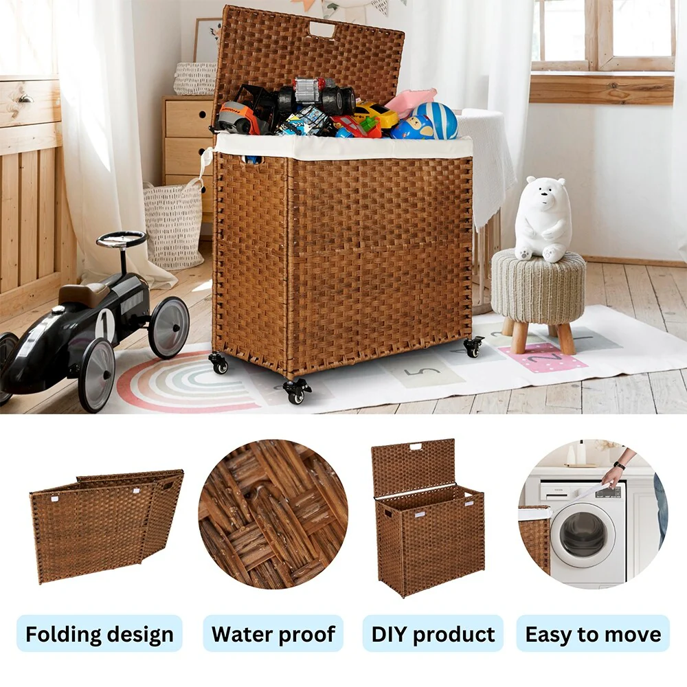 Laundry Hamper with Wheels, 160L Rattan Hampers & 2 Removable Liner Bags, Laundry Basket with Lid - 27