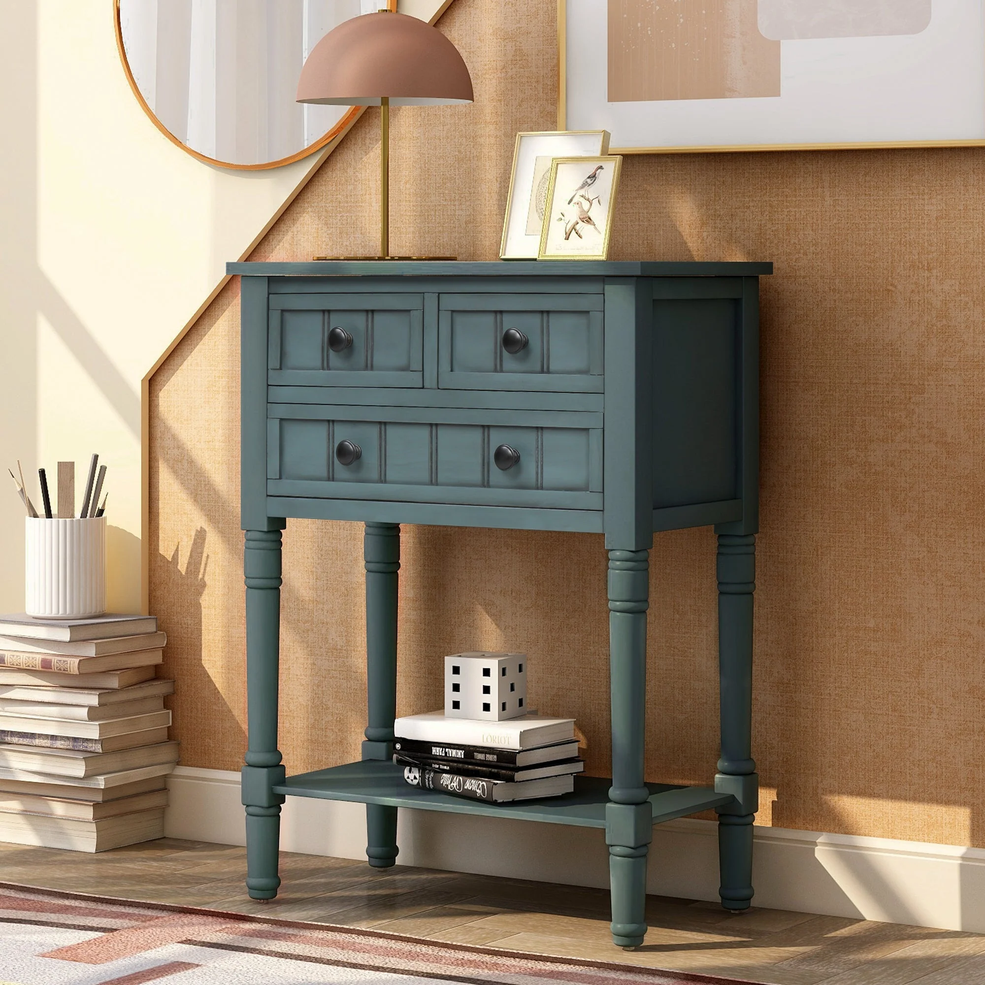 Trexm Navy Narrow Console Table, Slim Sofa Table with 3 Storage Drawers
