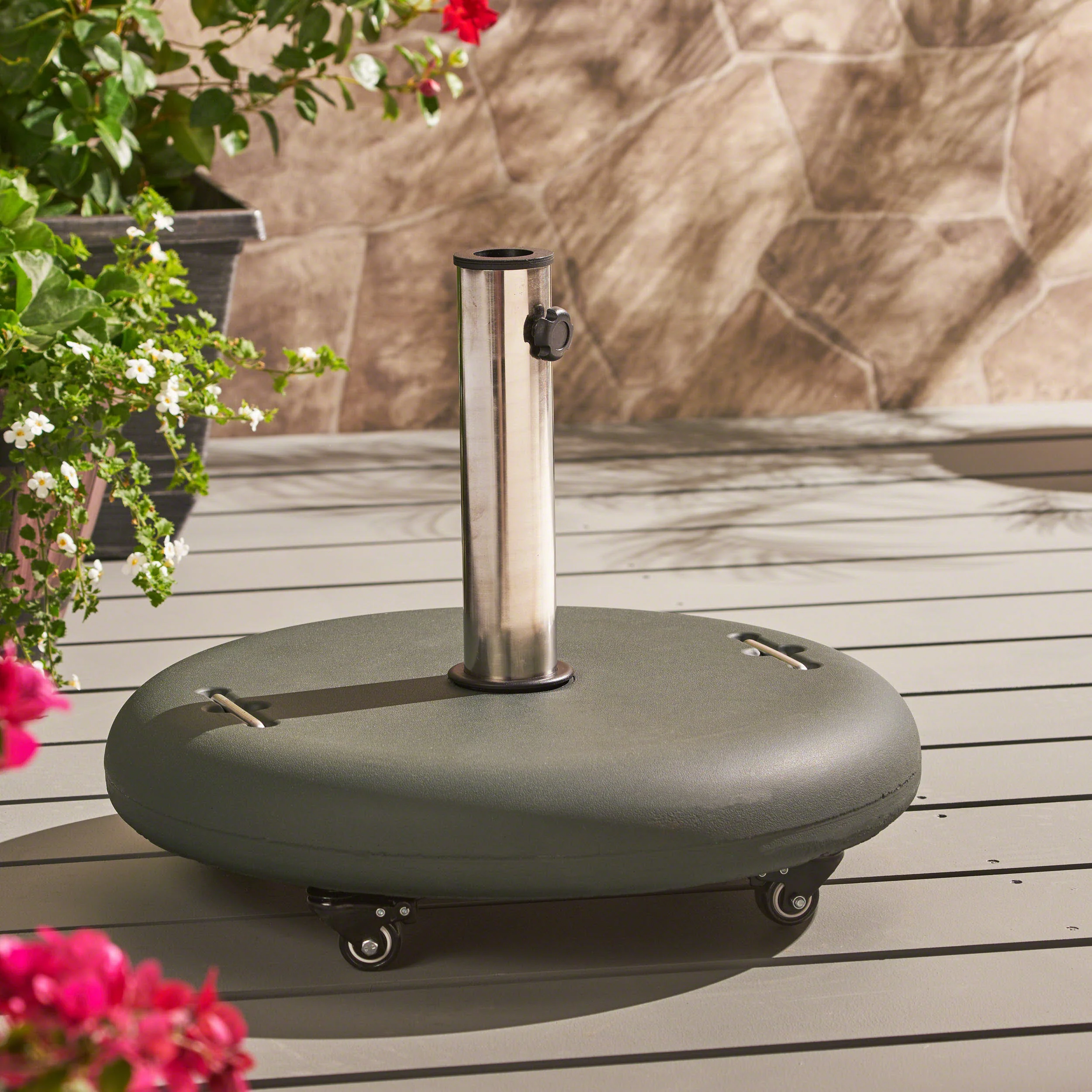 Prehnite Outdoor Round Umbrella Base with Casters and Stainless Steel Holder