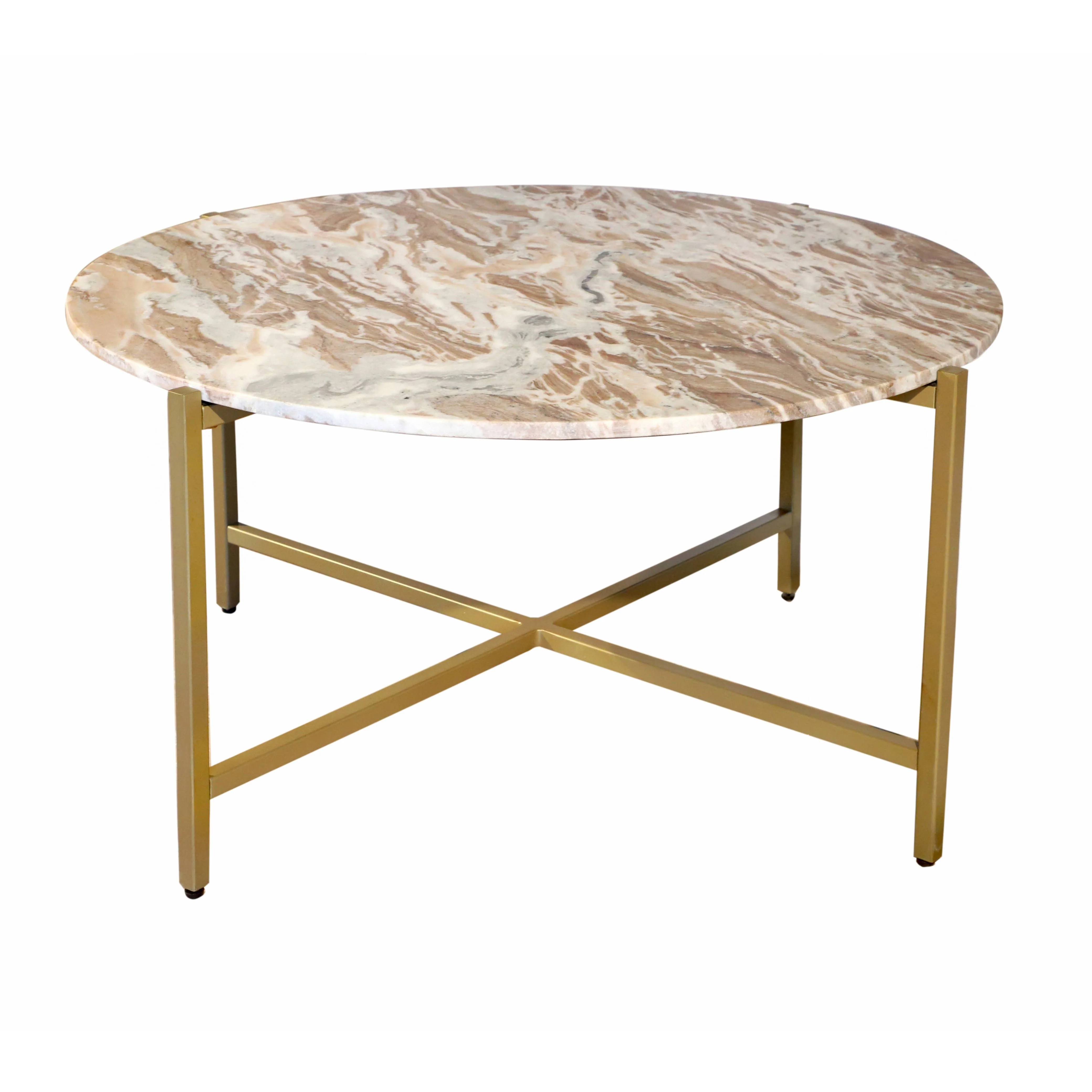 Brown Marble Coffee Table with Golden Metal Frame
