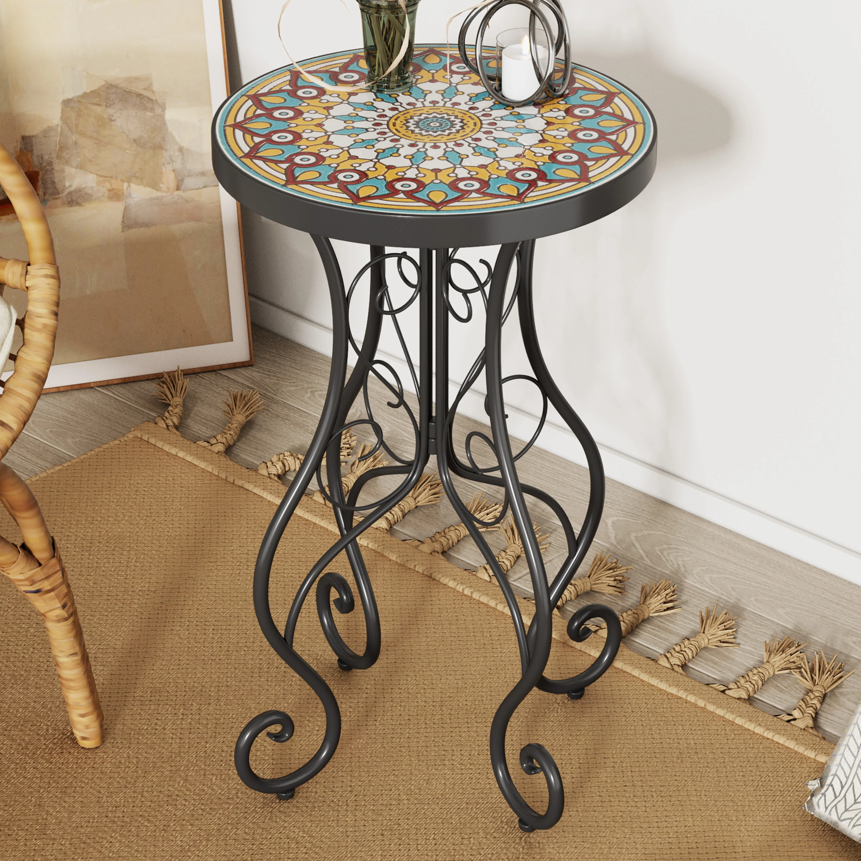 Unending Outdoor Ceramic Tile Side Table with Medallion Design