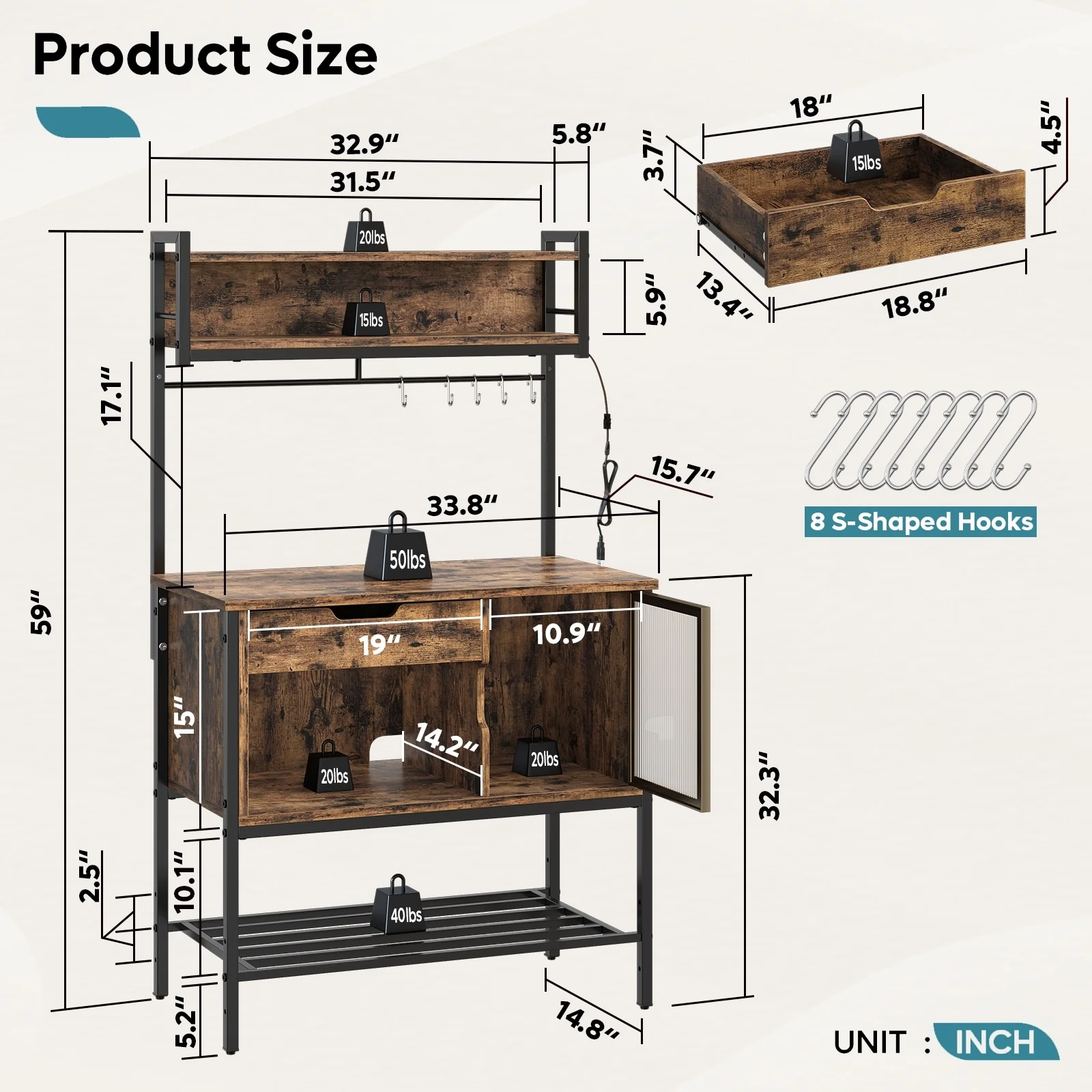 59 Inch LED Bakers rack, Kitchen Baker's Rack With hooks and Adjustable Shelf - 59″H×33.8″W