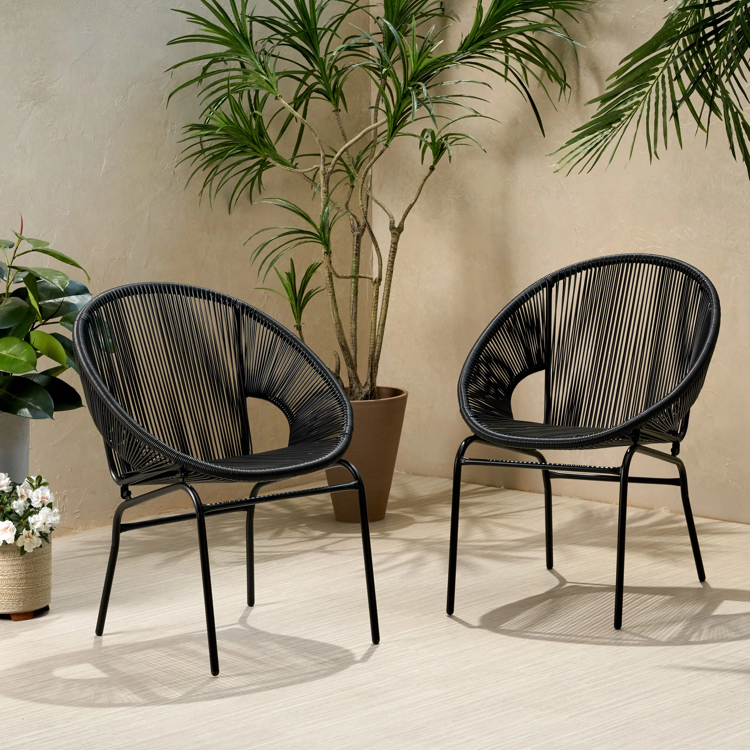 Vivianite Outdoor Wicker Chair with Iron Legs and Curved Frame, Set of 2