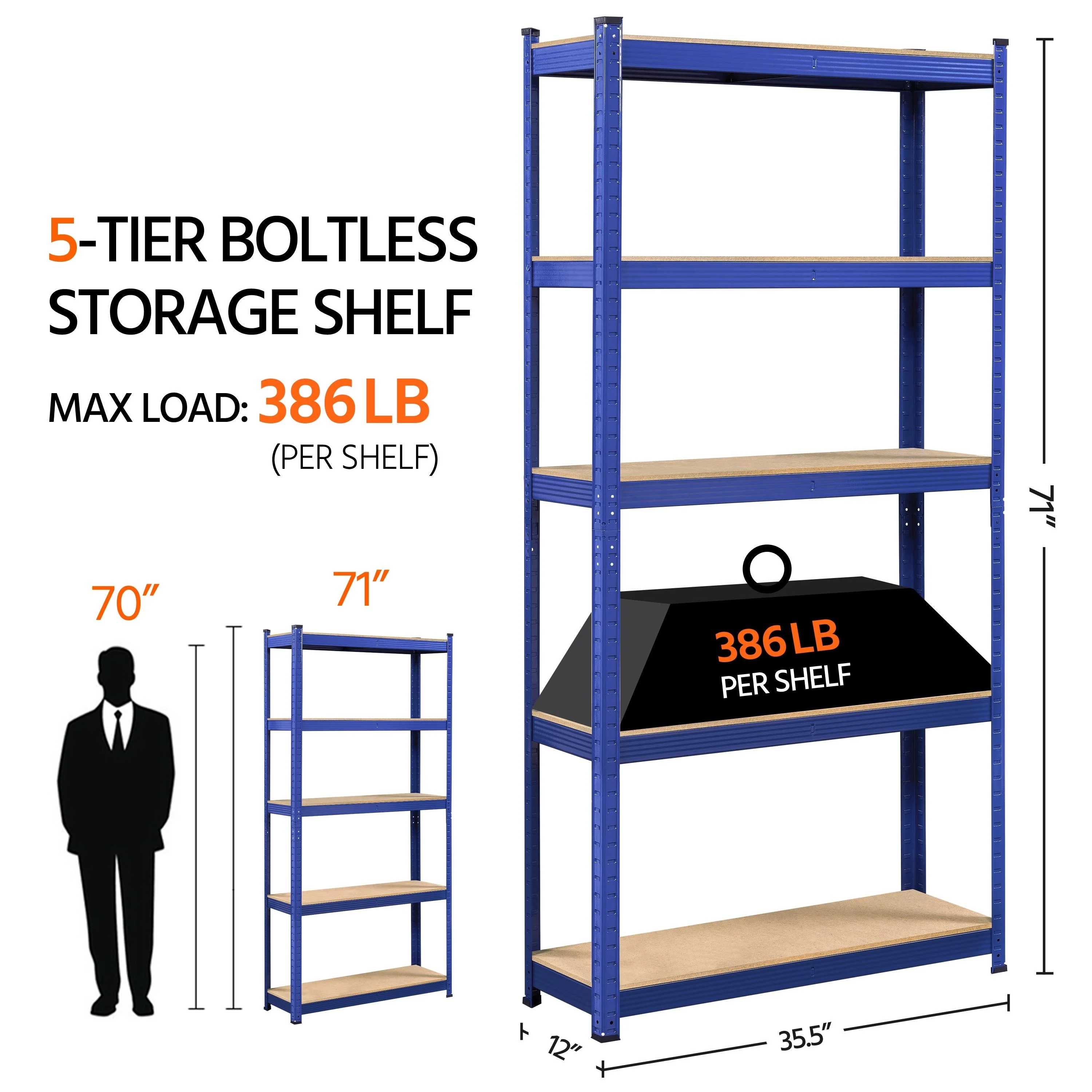 Yaheetech Adjustable 5-Tier Shelf Metal Storage Rack for Home/Office/Garage - 35.5″ L × 12″ W × 71″ H