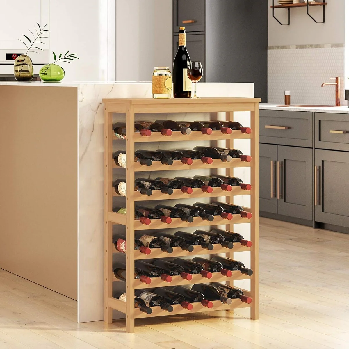 SONGMICS 42-Bottle Wine Rack, 7 Tier Wine Storage Shelf with Table Top