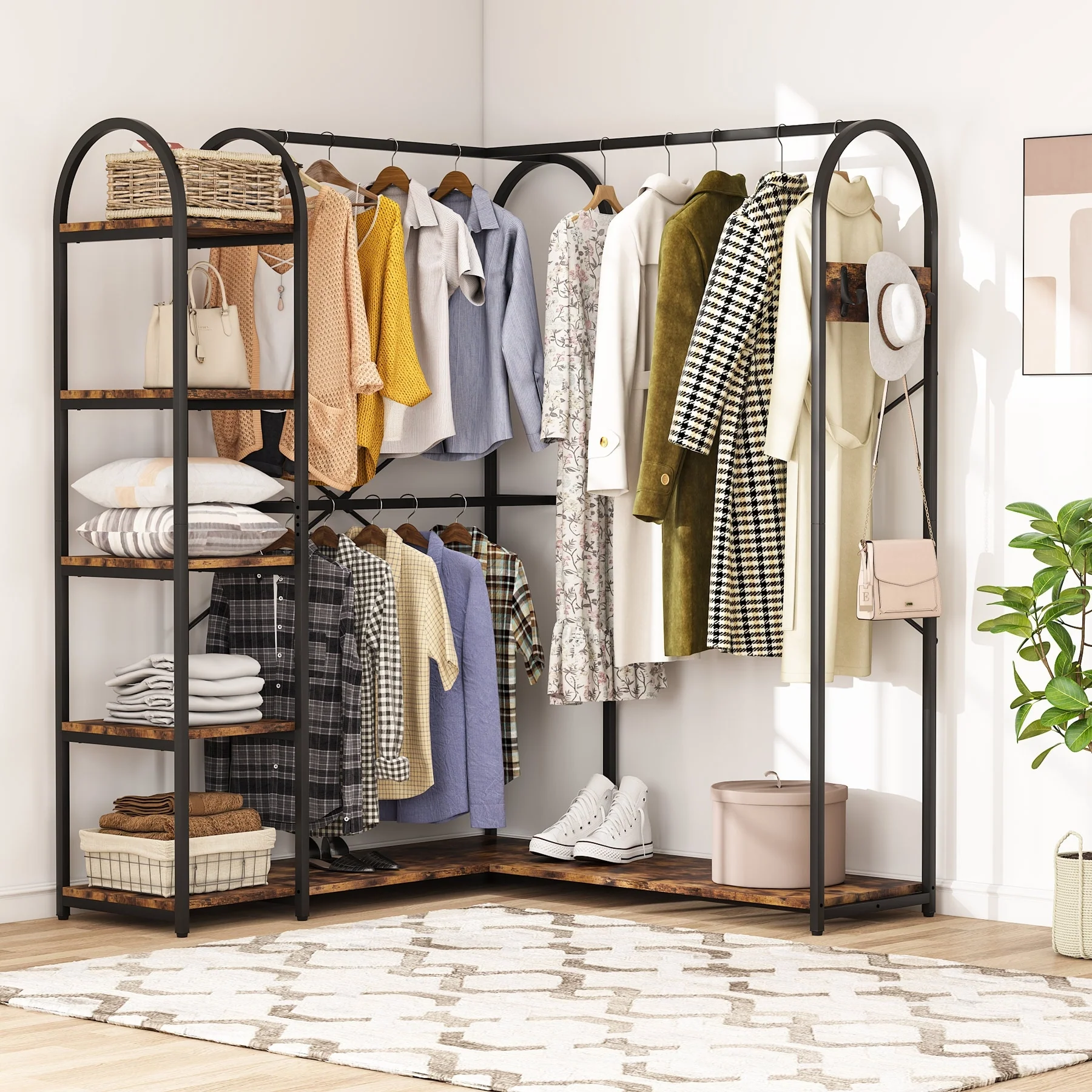 Heavy Duty L Shape Clothes Rack,Freestanding Corner Closet Organizer,Large Garment Rack with Storage Shelves and Hanging Rods