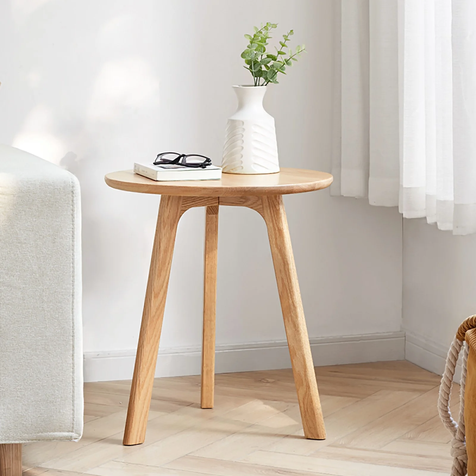 Round Side Table with Solid Oak Wood Frame