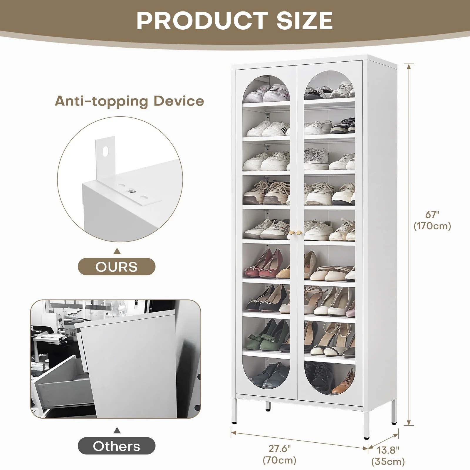 9-Tier Shoe Storage Cabinet with Glass Doors & Adjustable Shelves - 67