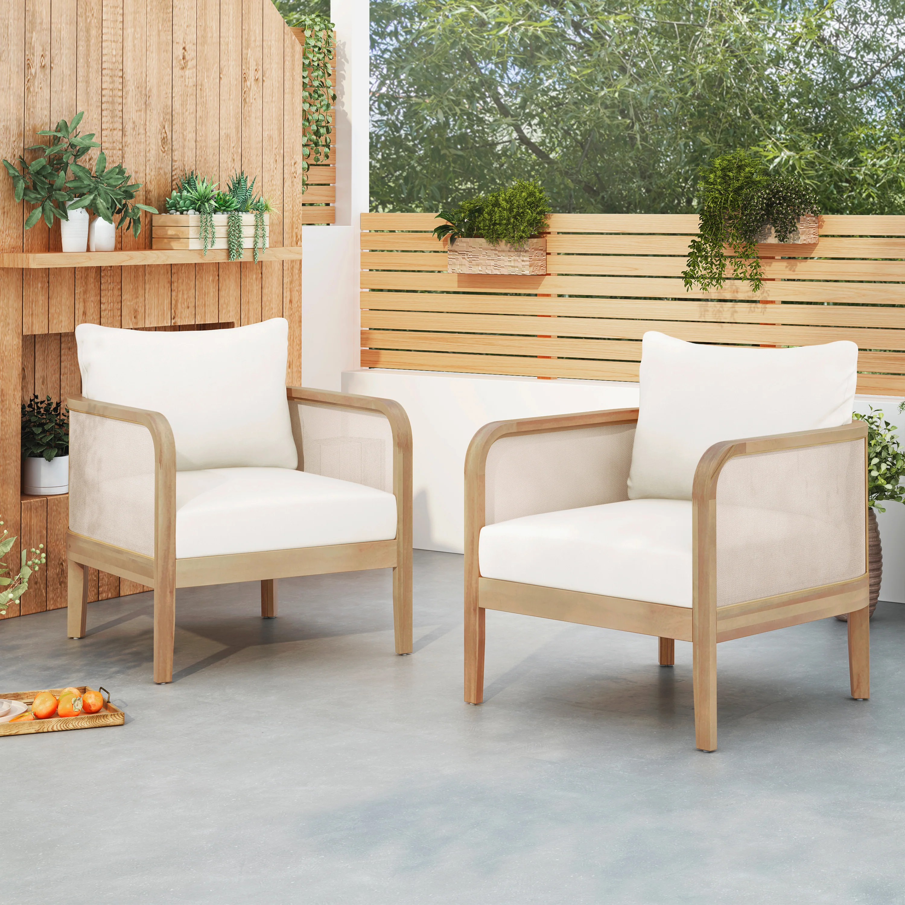 Outdoor Club Chair with Curved Armrests and Wooden Frame, Set of 2
