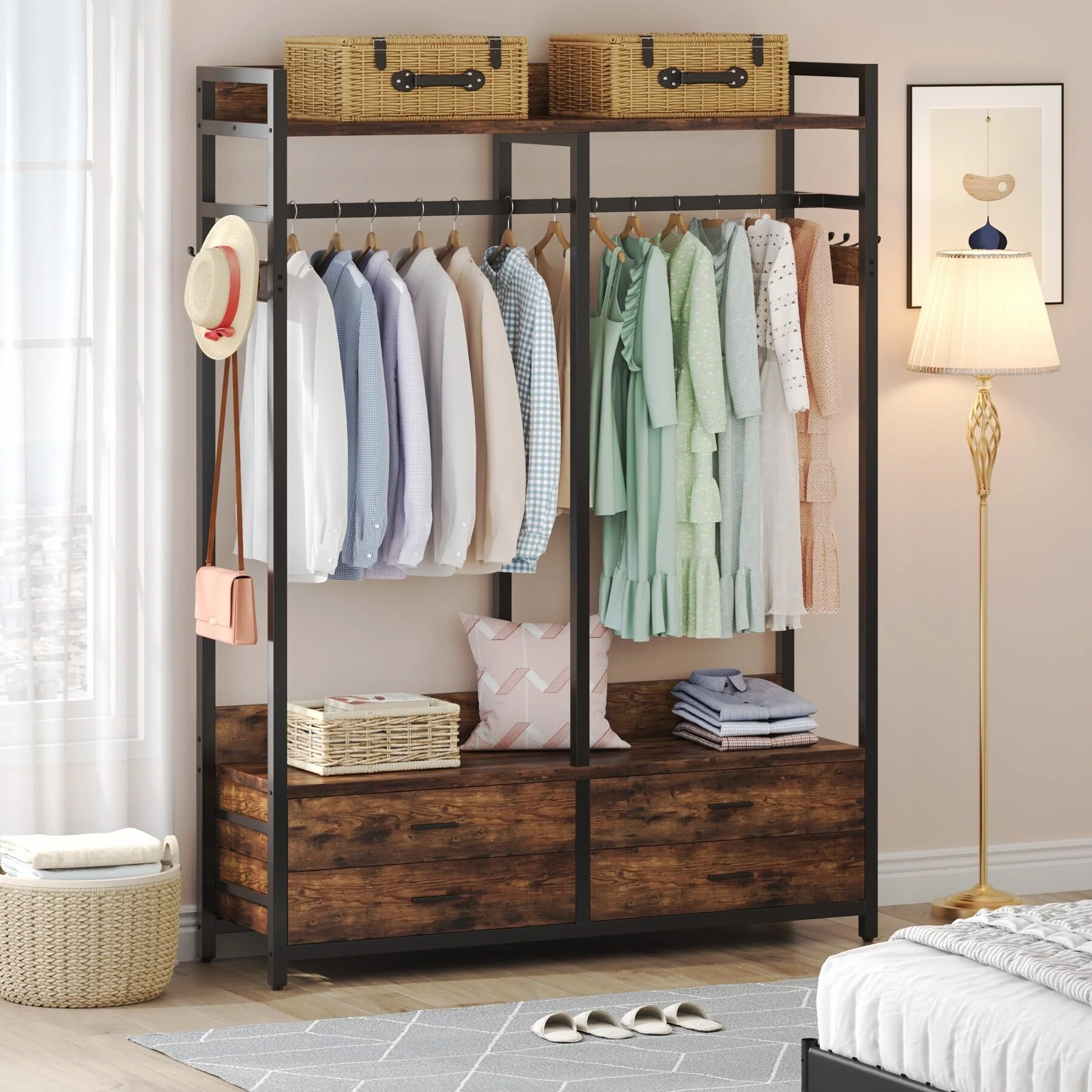 Freestanding Open Wardrobe Closet, Heavy Duty Garment Rack Closet Organizer, Rustic Brown