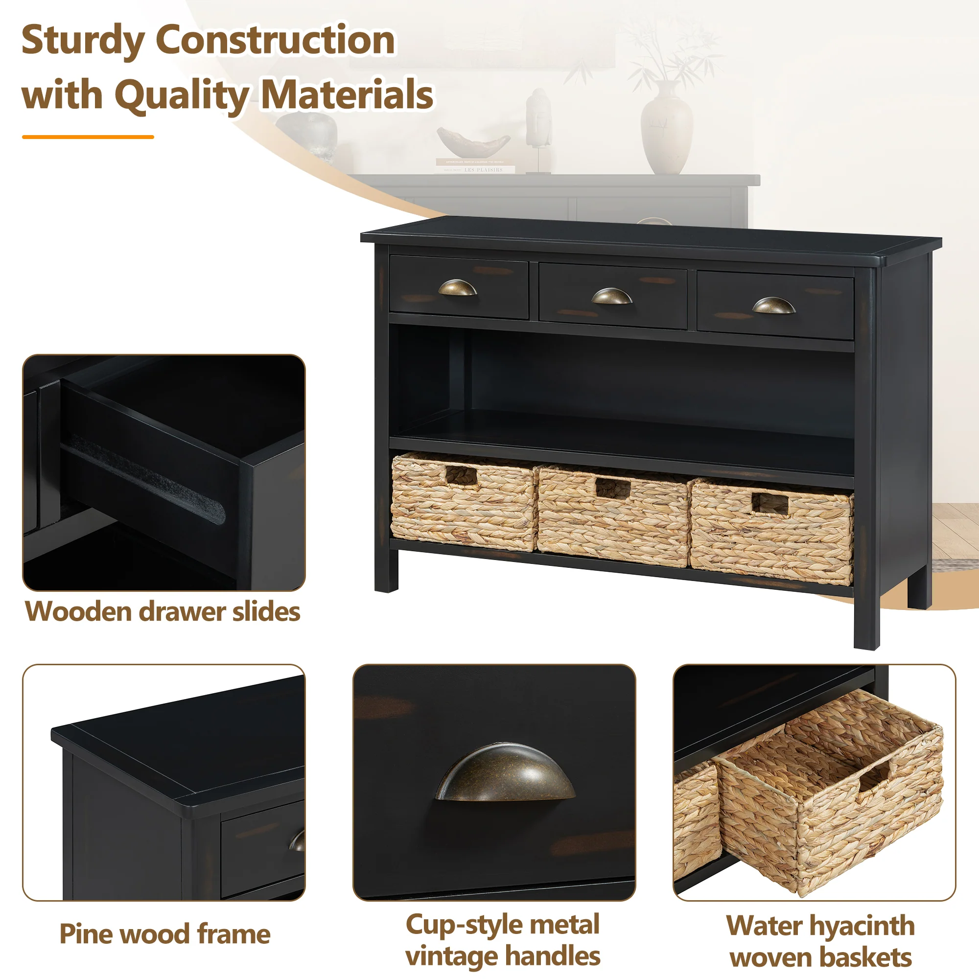 Coronate Console Table with Drawers and Water Hyacinth Woven Baskets