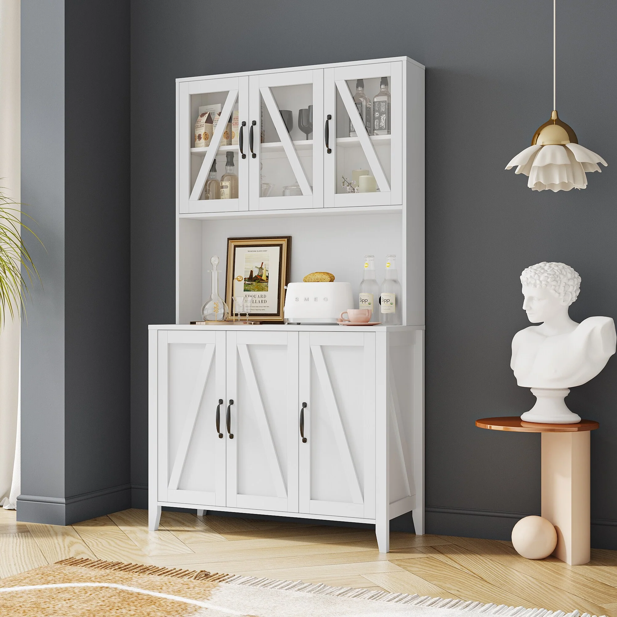 Pantry Storage Cabinet with Glass Doors - N/A