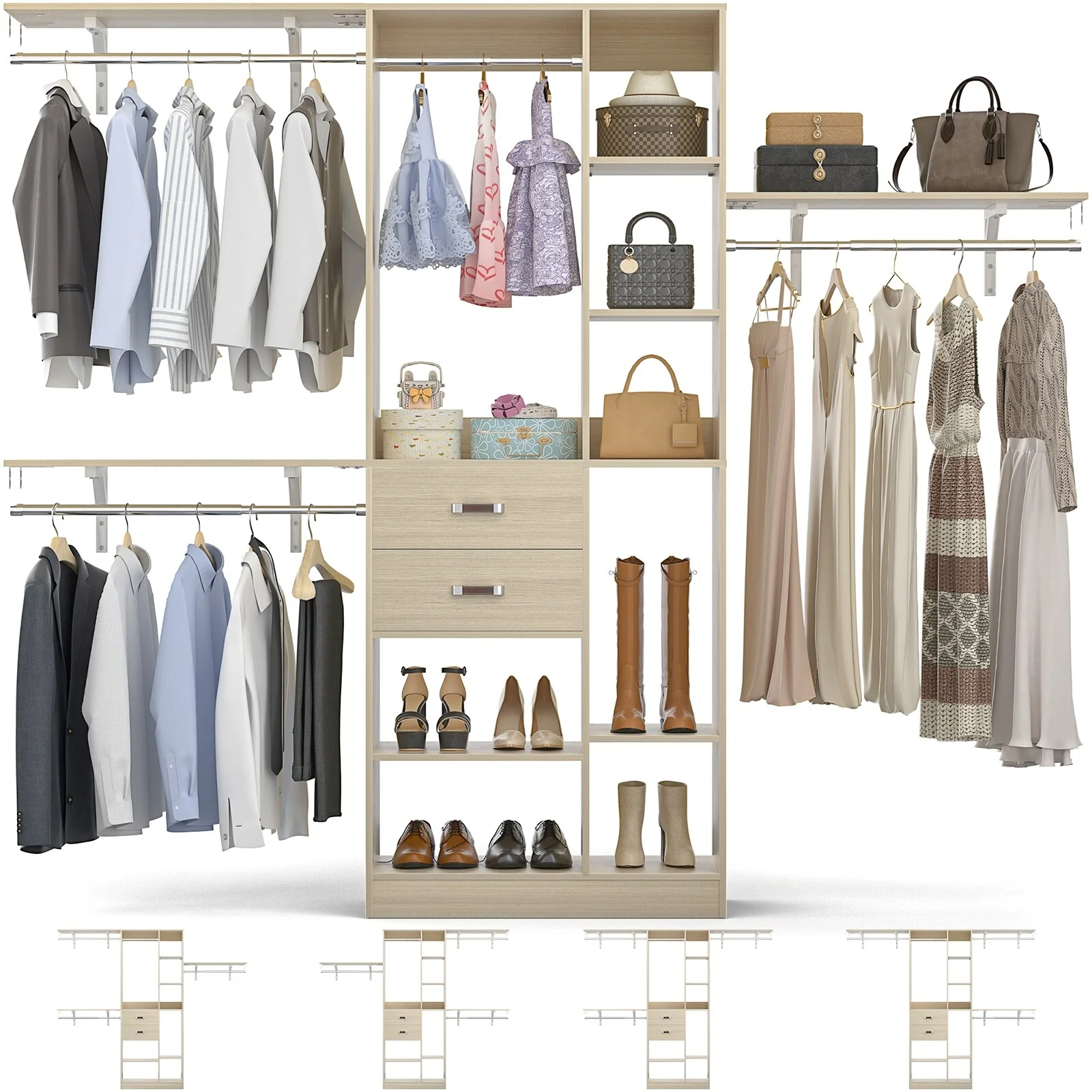31.5'' to 96'' W Closet Organizer System with Drawers and Tower Shelves for Reach-in and Walk-in Closet