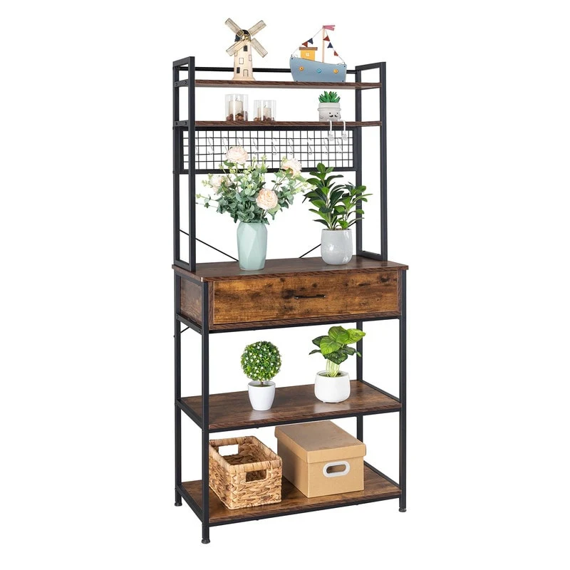 5-Tier Kitchen Bakers Rack with 10 S Hooks and 1 drawer Rustic Brown