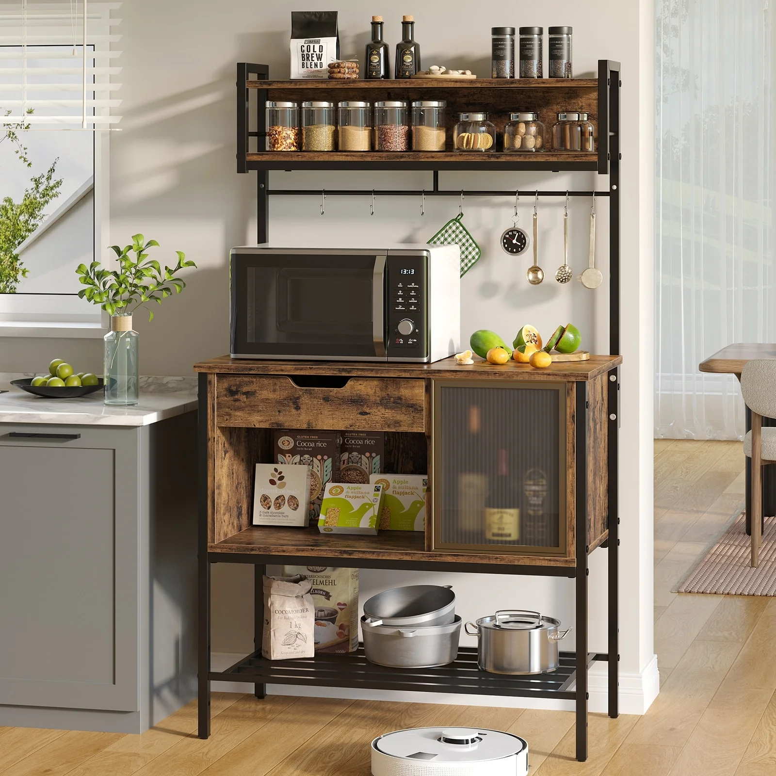 59 Inch LED Bakers rack, Kitchen Baker's Rack With hooks and Adjustable Shelf - 59″H×33.8″W