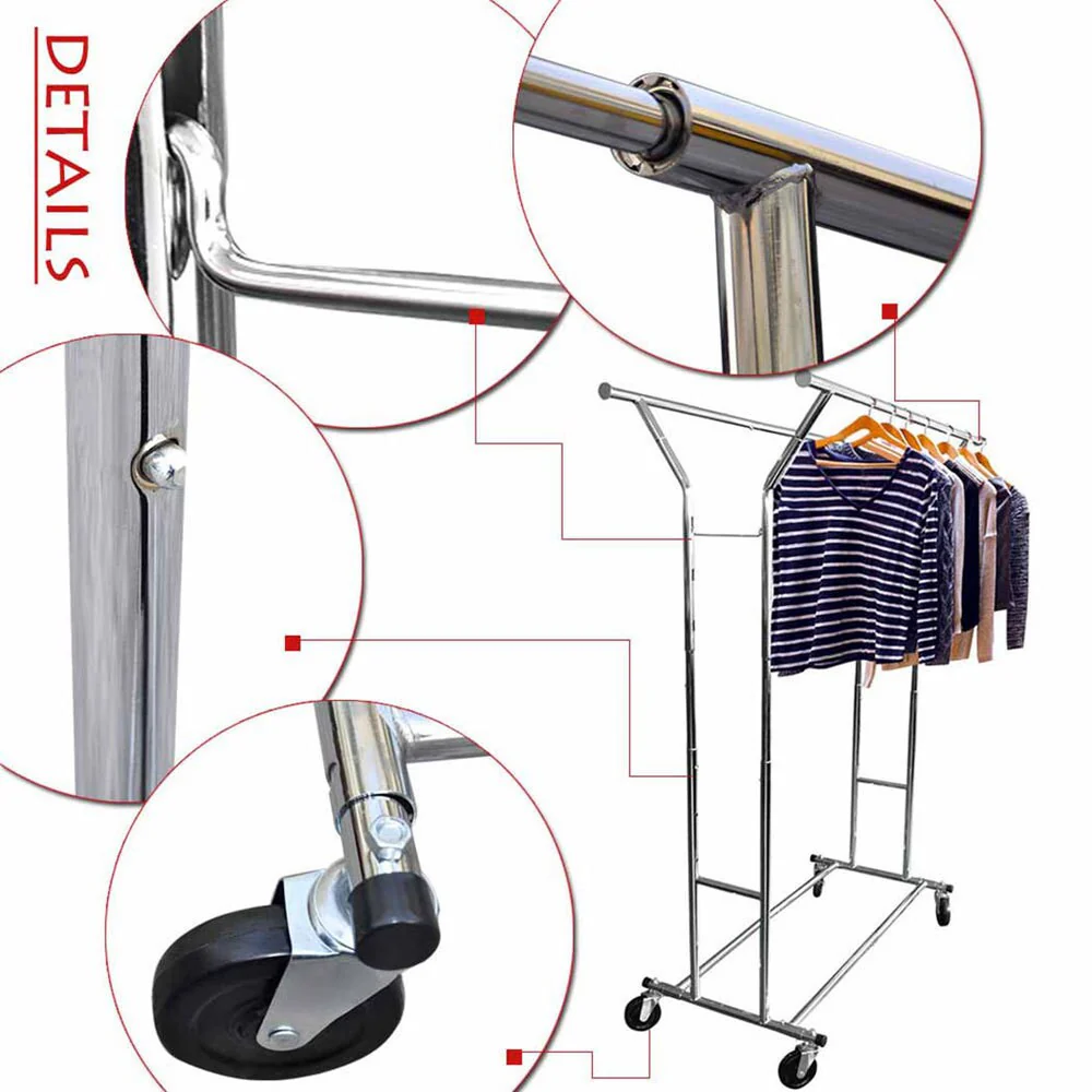 Portable Double-bar Steel Garment Rack Silver Clothes Drying Rack