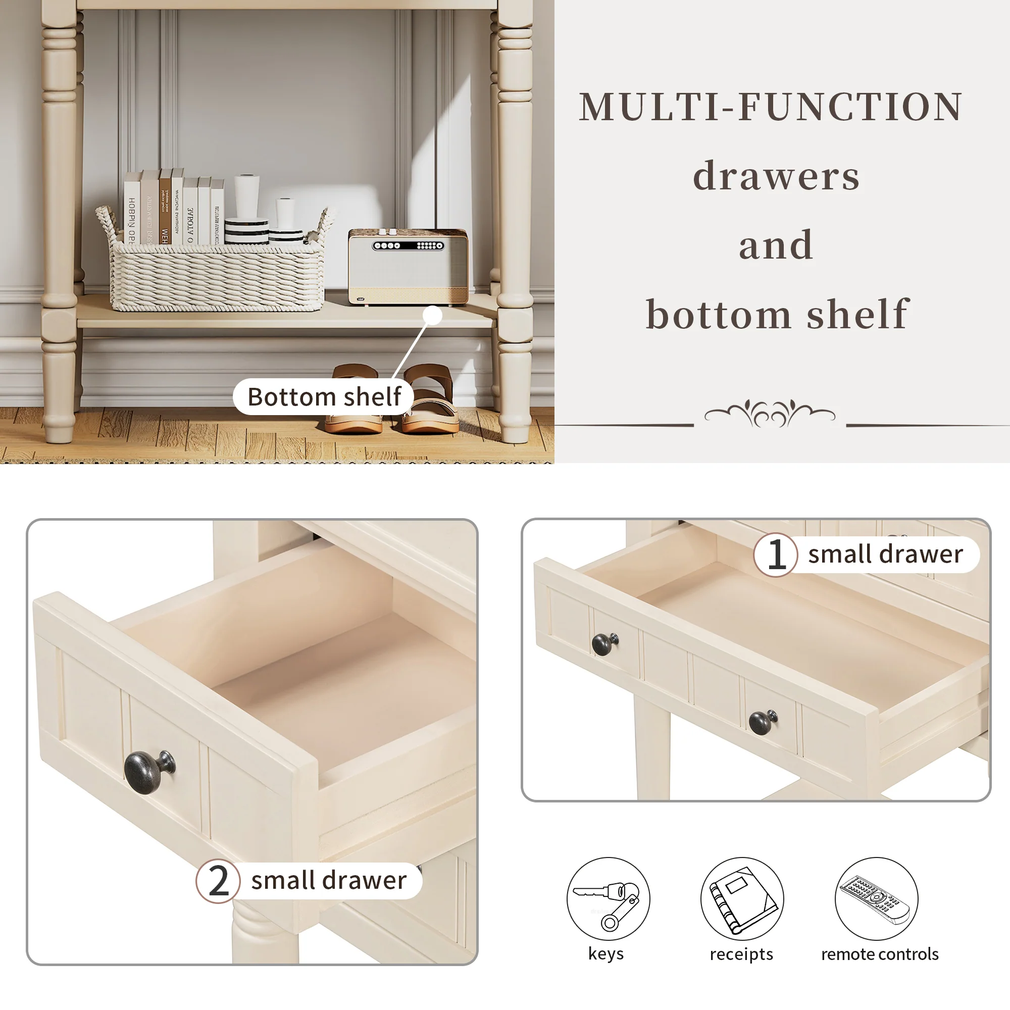 Conquest Narrow Console Table with 3 Drawers and Bottom Shelf