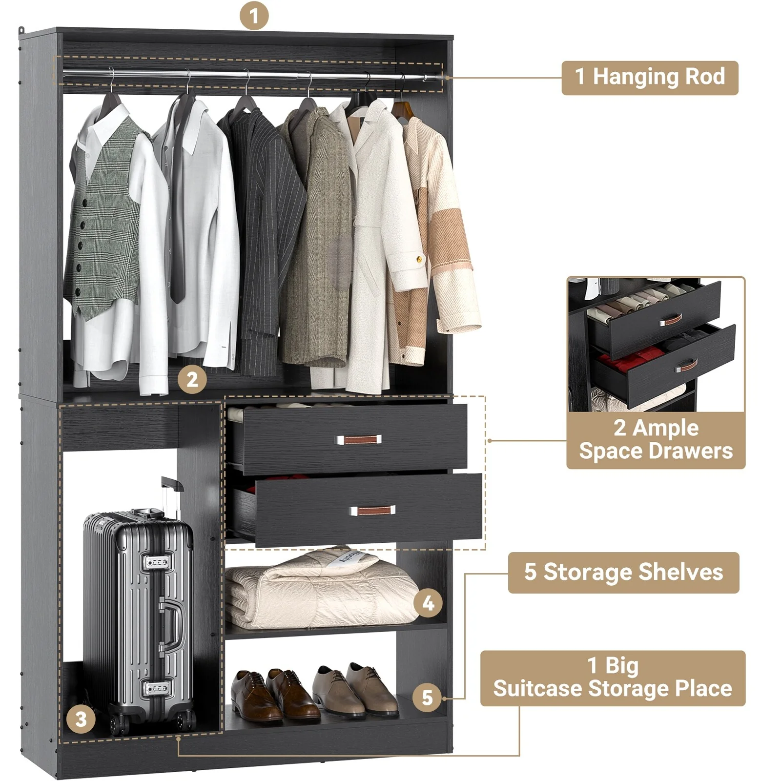 Vryon 40''W Freestanding Closet Organizer with Hanging Rod, Closet System Wardrobe with Wood Drawers