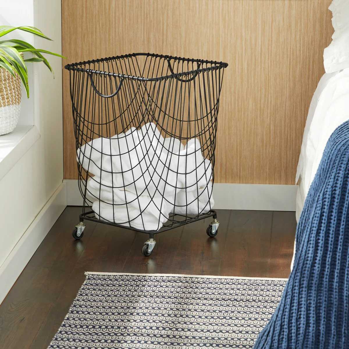 Metal Deep Set Wire Mesh Rolling Laundry Basket Storage Cart with Handles - Black, Gold, White - CosmoLiving by Cosmopolitan