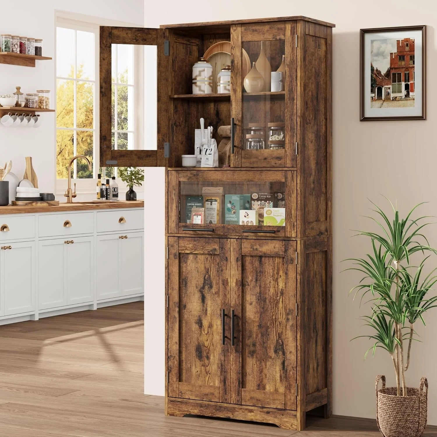 Tall Bathroom Cabinet, Linen Storage Cabinet with Doors and Adjustable Shelves and Drawer