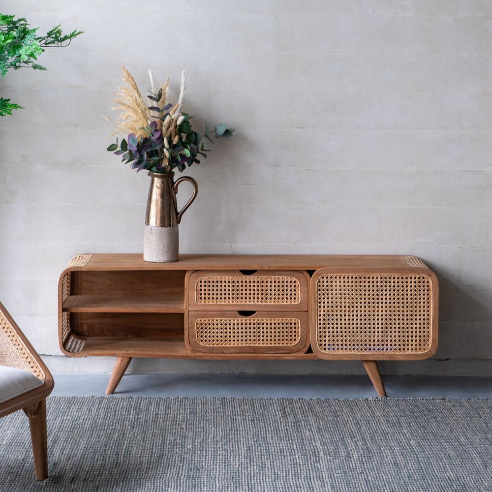 Wood and Rattan Cabinet with Curved Frame, 2 Drawers and Shelves