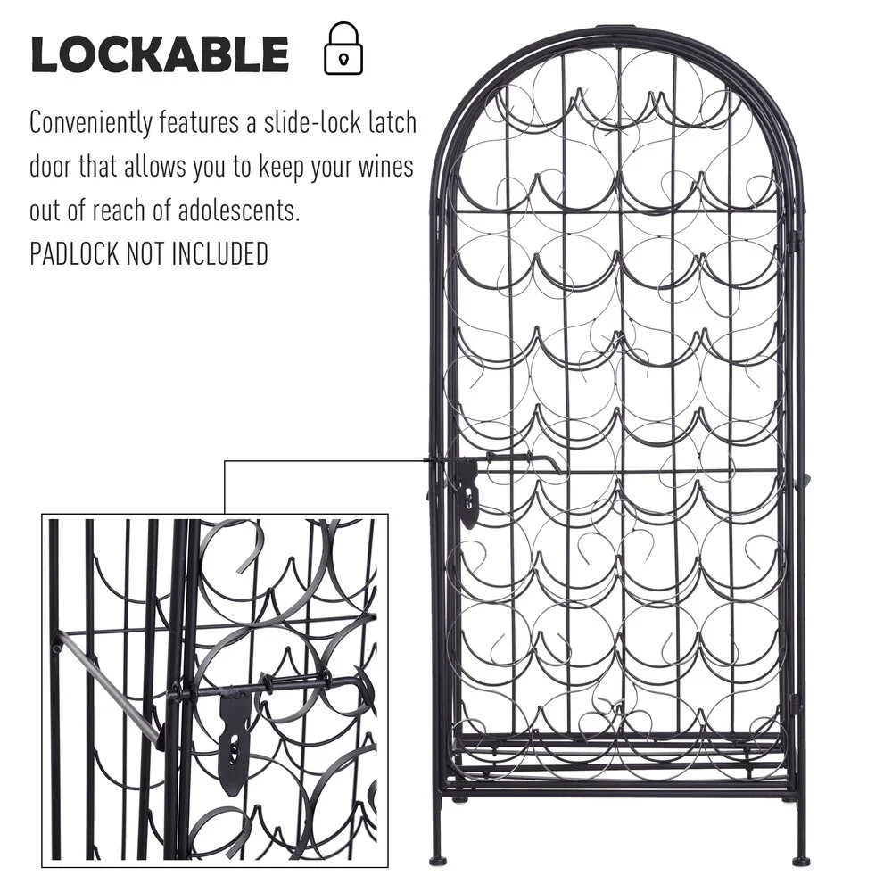 HOMCOM 35 Bottle Wrought Iron Wine Rack Jail with Lock - Black - 17.5*14*38.5