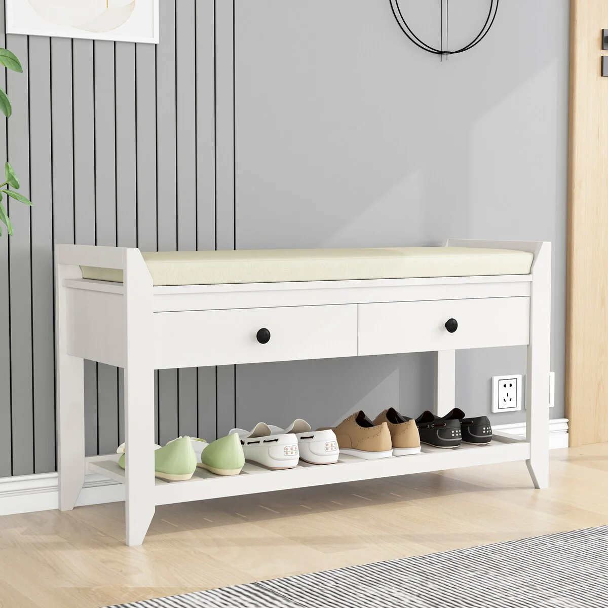 Entryway Storage Shoe Rack Bench with Cushioned Seat and Drawers