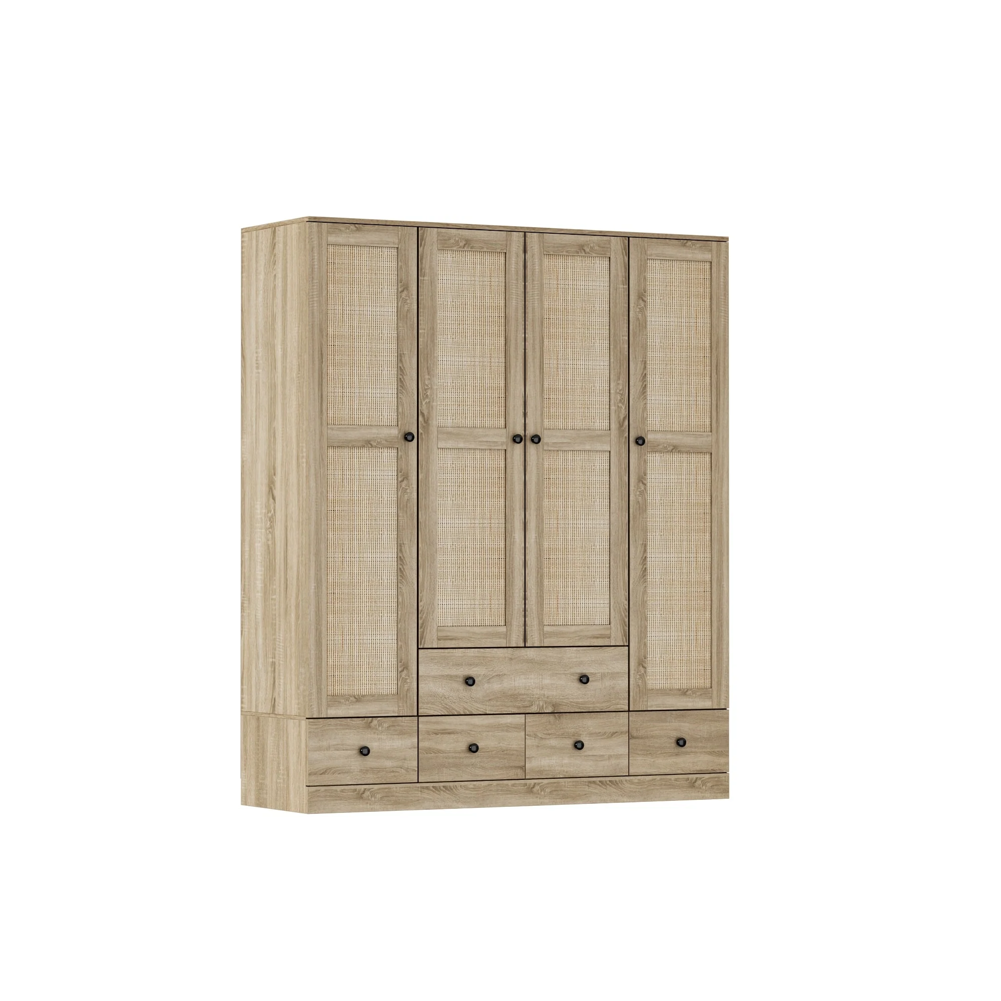 Large Storage Wardrobe Versatile Rattan Door Closet with Deep Drawers
