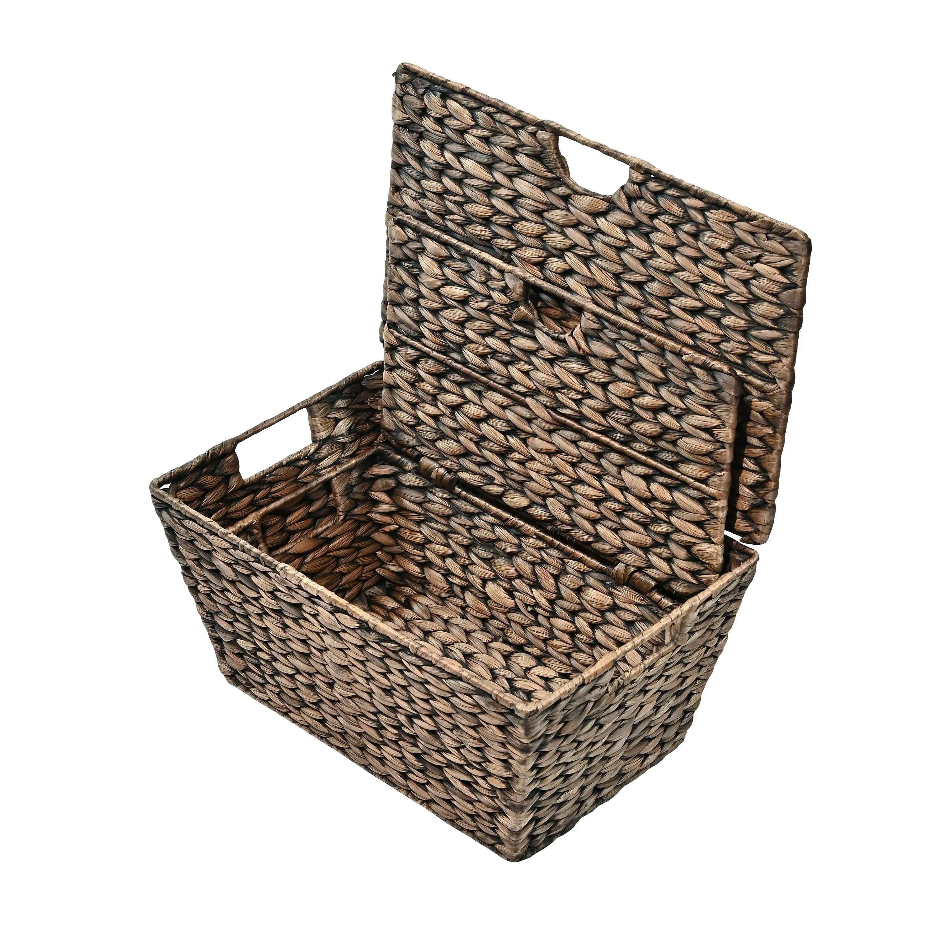Hyacinth Rectangular Storage Baskets with Lids & Handles (Set of 2)