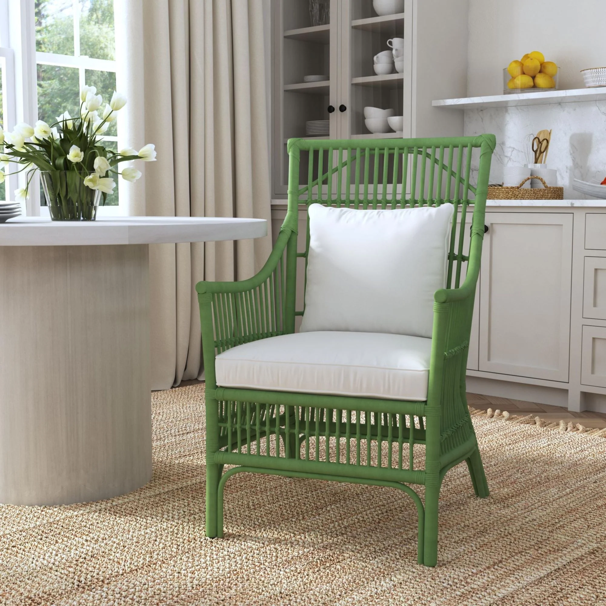 Rattan Slat Back Dining Arm Chair Green