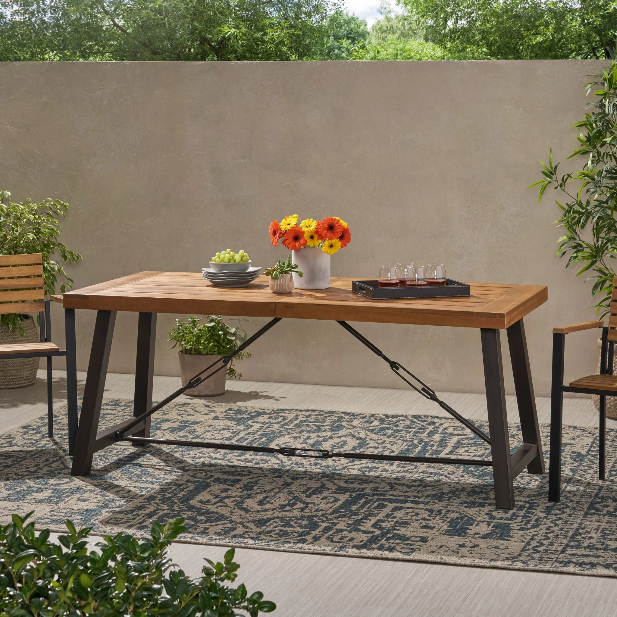 Outdoor Dining Table with Slat Wooden Panel and Turnbuckle Accents