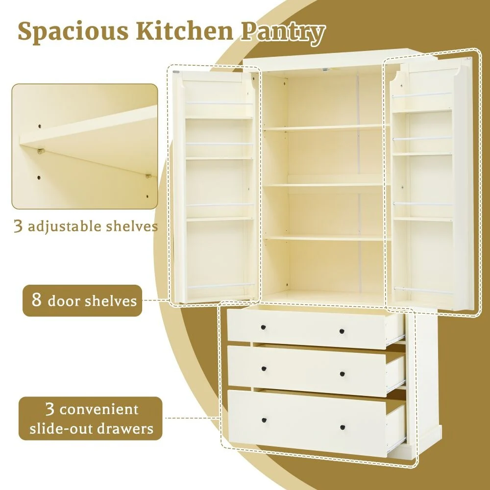 77 Inch Farmhouse Kitchen Pantry, Freestanding Tall Cupboard Storage Cabinet