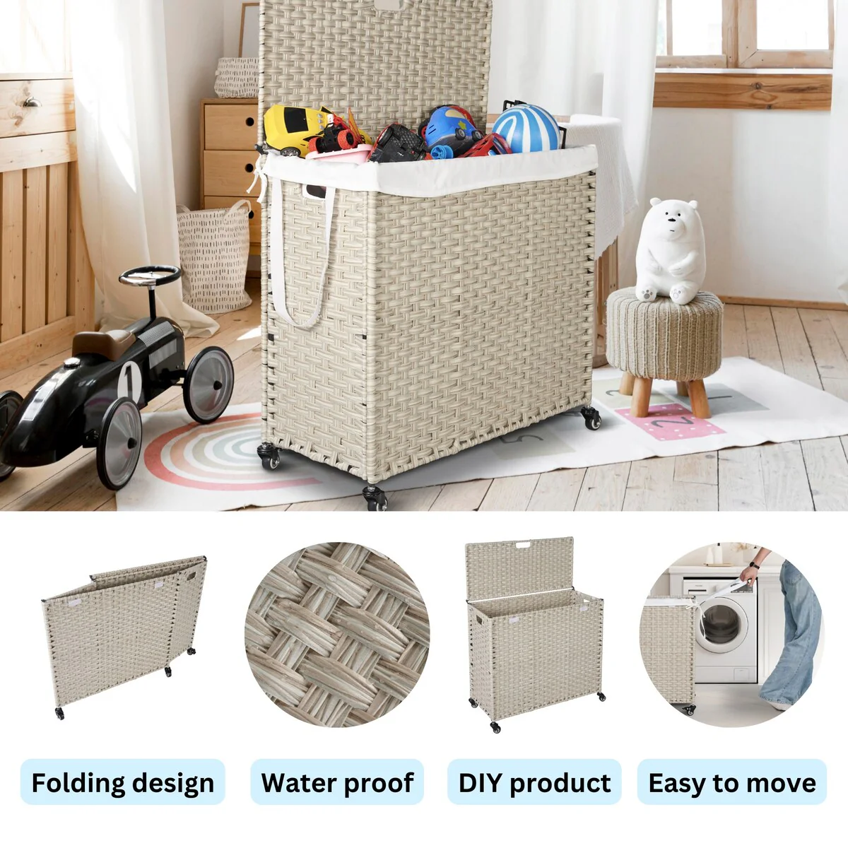 Laundry Hamper with Wheels, 160L Rattan Hampers & 2 Removable Liner Bags, Laundry Basket with Lid - 27