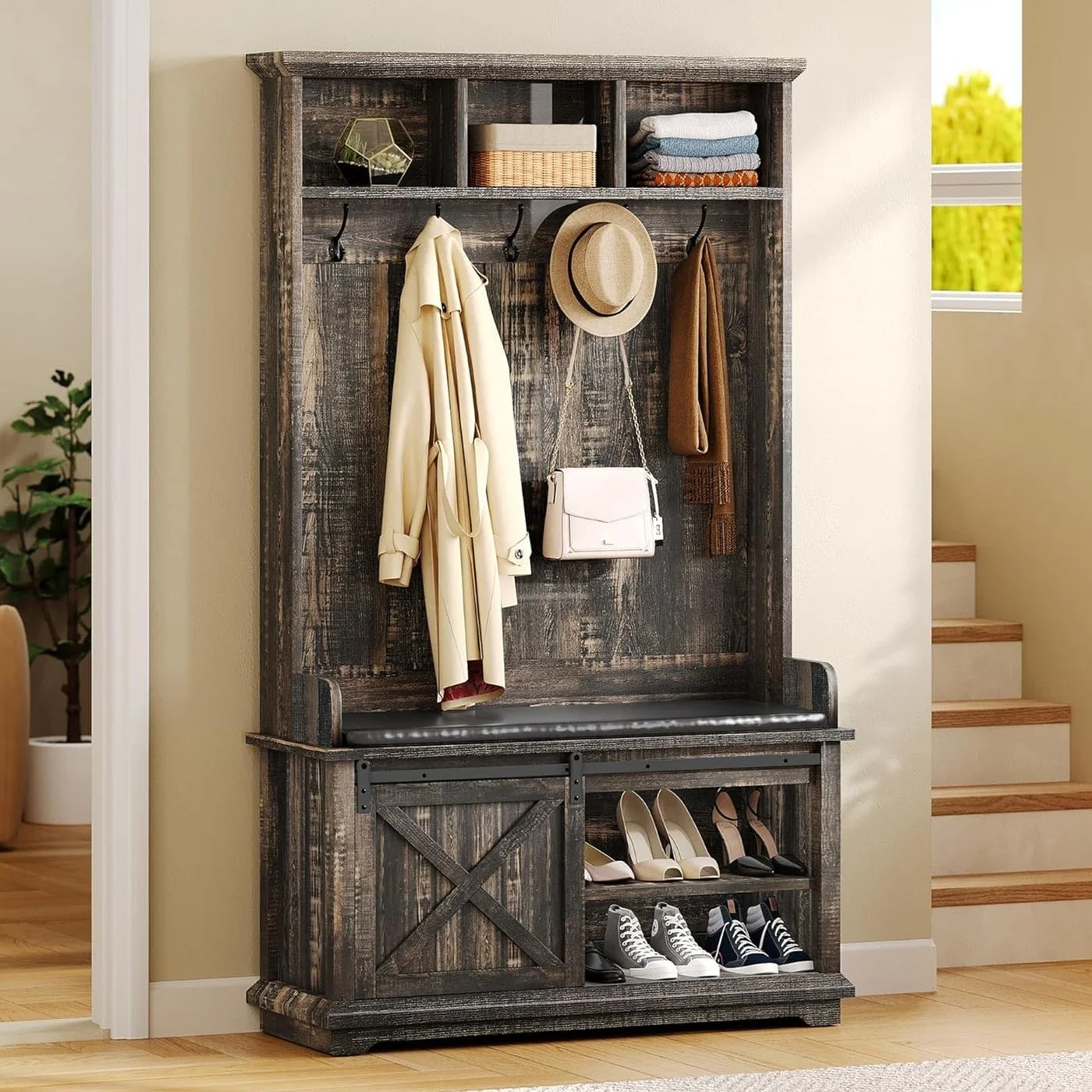 Moasis Farmhouse Hall Tree with Bench and Shoe Storage with 10 Hooks for Entryway