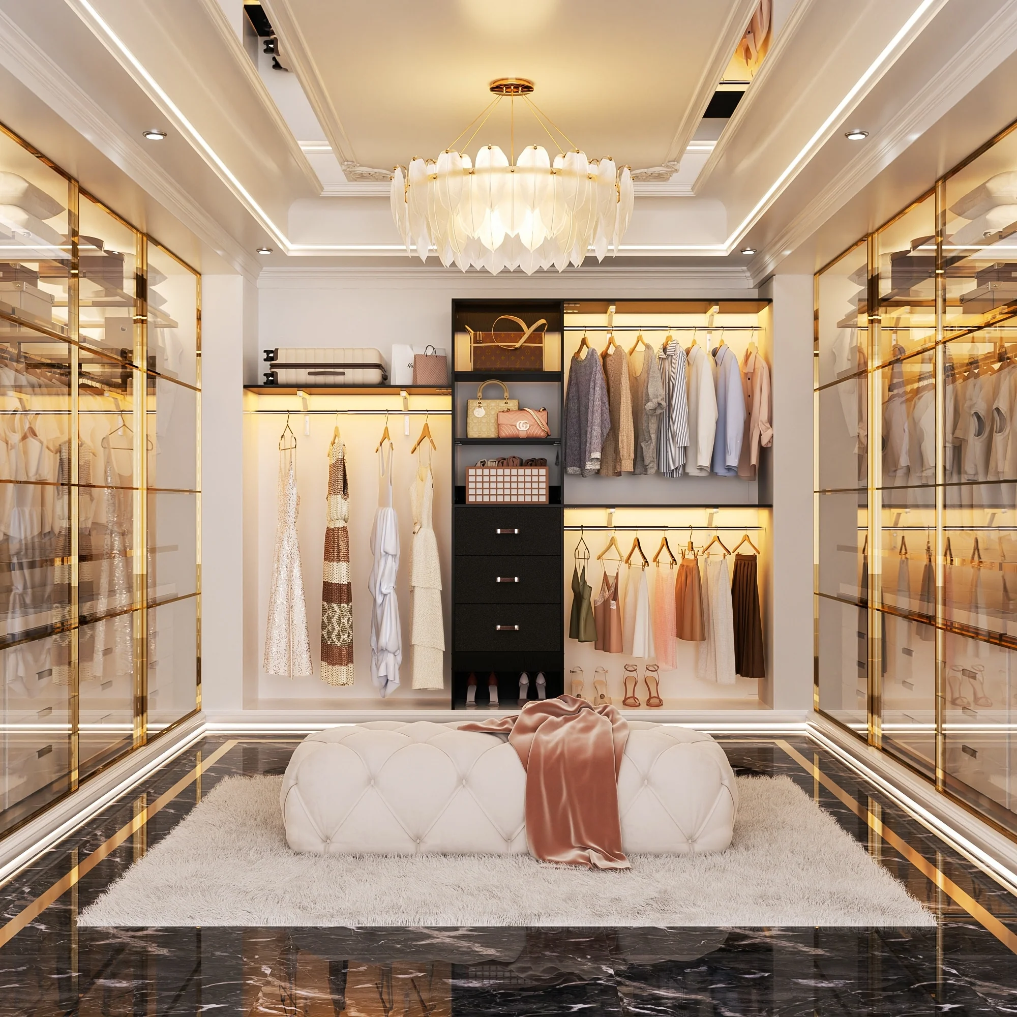 Rackcog 120'' Closet Organizer with Drawers, Closet System with DIY Shelves for Reach-in and Walk-in Closet