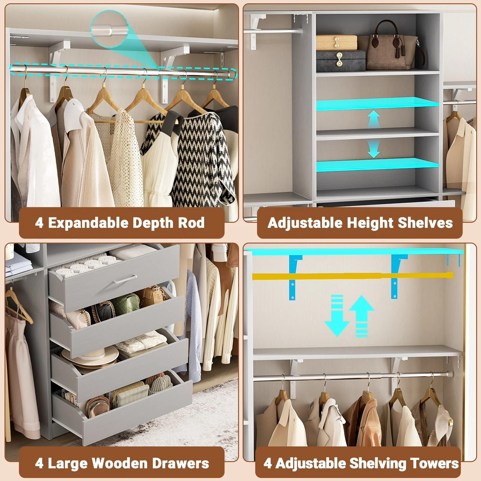 Rackcog 96'' Closet System with 4 Drawers and 4 Hanging Rods, 8FT Wood Closet Organizer for Walk-in Closet